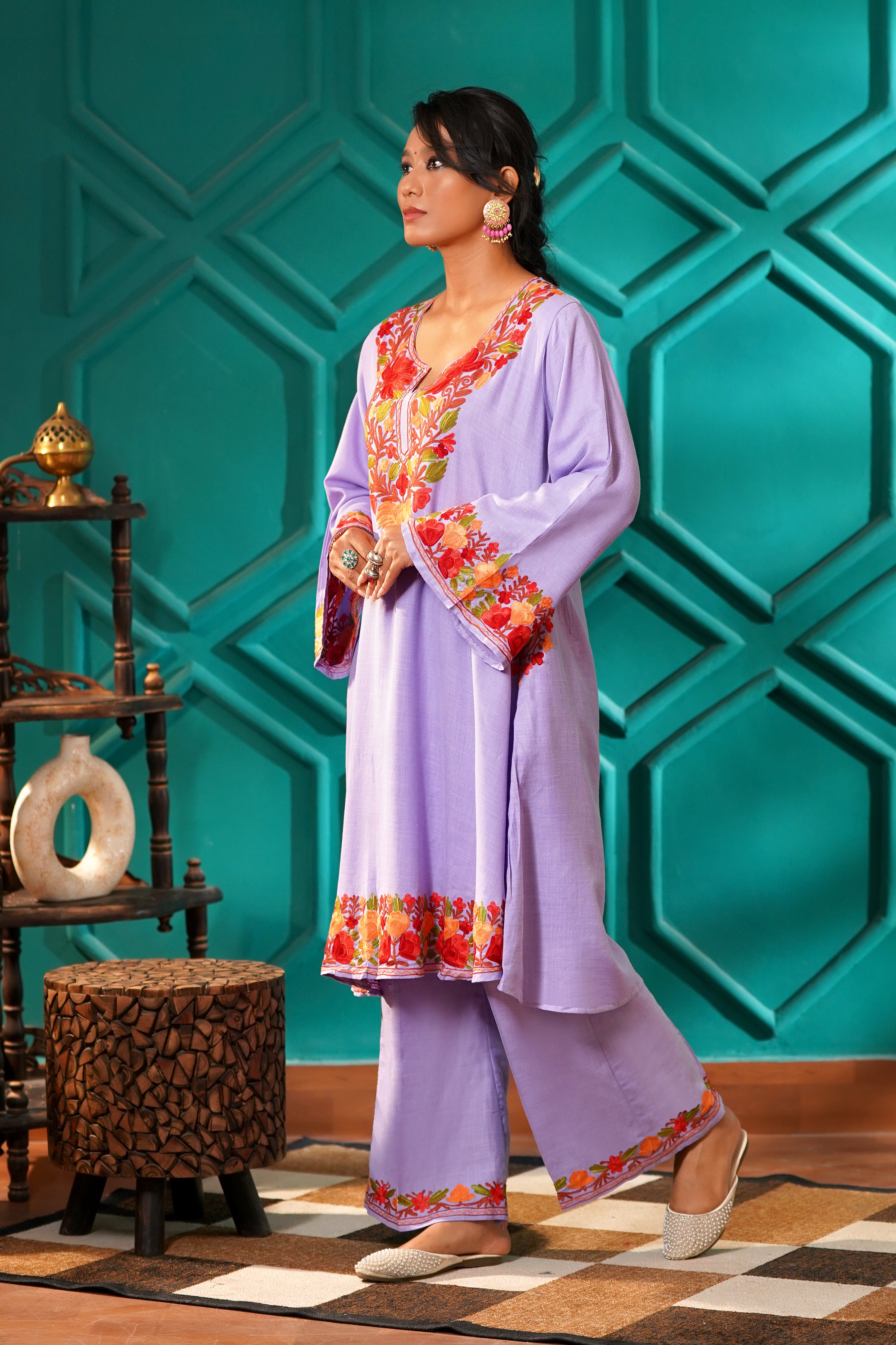 Kashmiri Bouquet Malai Cotton Tunic & Pant Set - Lilac Blossom