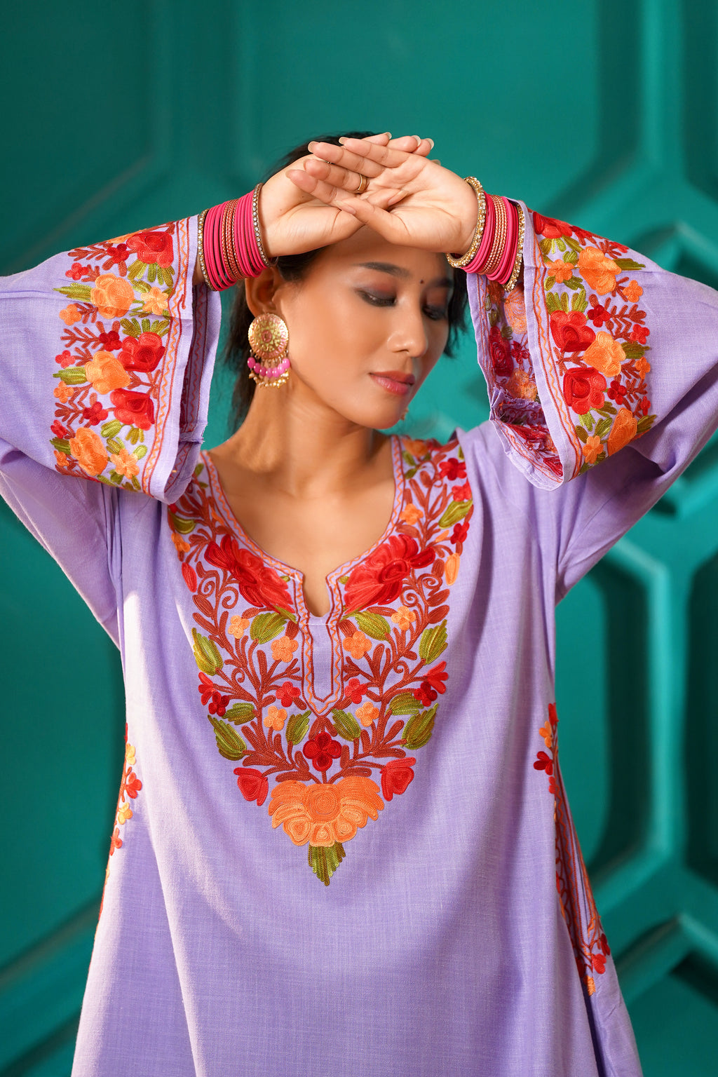 Kashmiri Bouquet Malai Cotton Tunic & Pant Set - Lilac Blossom