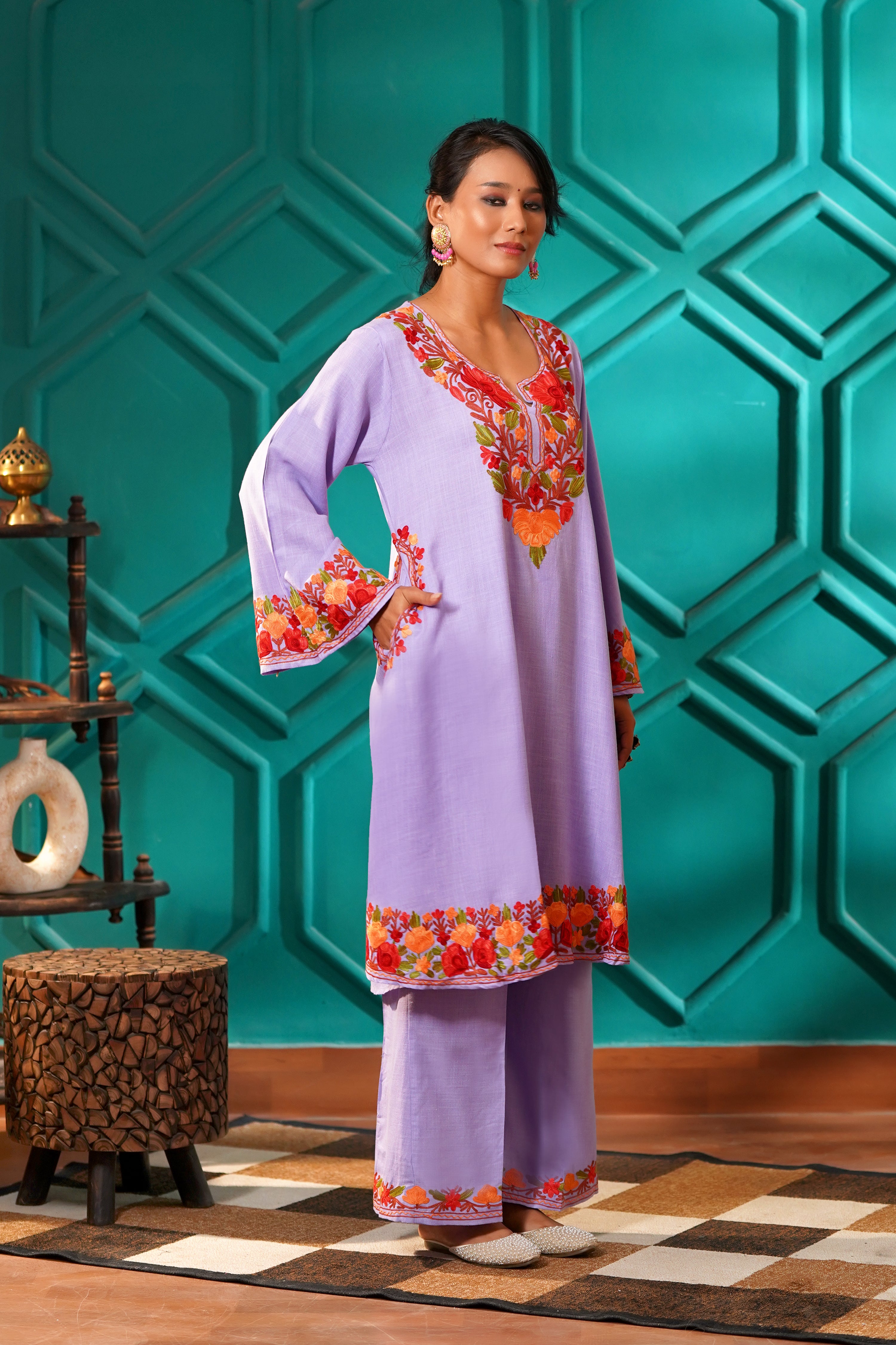 Kashmiri Bouquet Malai Cotton Tunic & Pant Set - Lilac Blossom