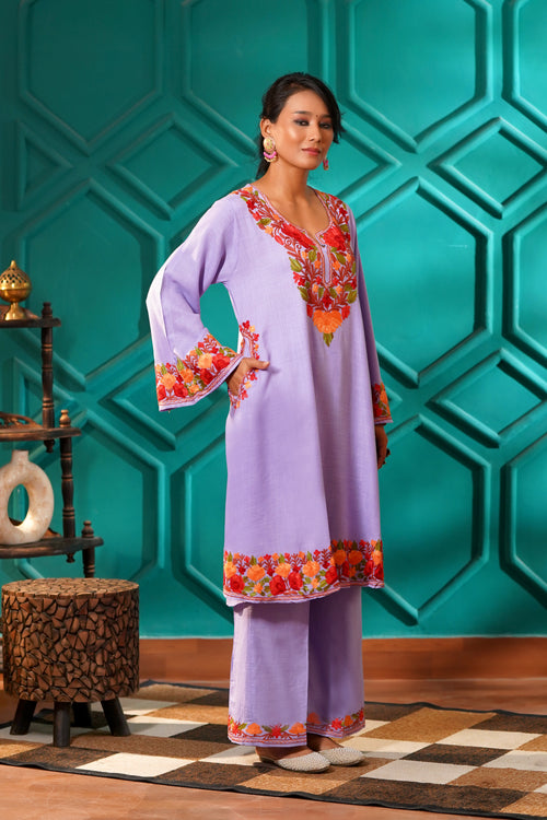 Kashmiri Bouquet Malai Cotton Tunic & Pant Set - Lilac Blossom