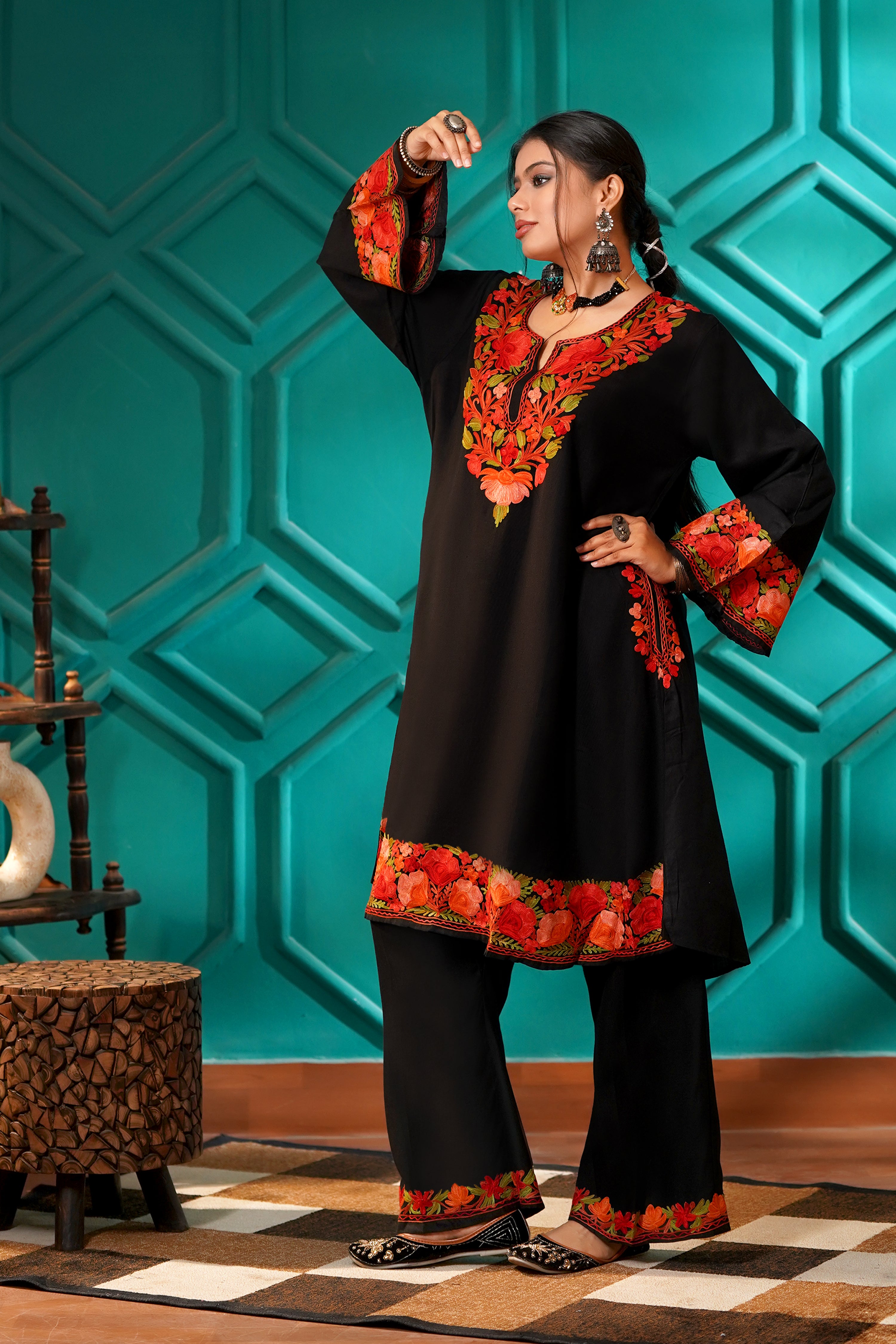 Kashmiri Bouquet Malai Cotton Tunic & Pant Set - Ruby Bloom Black