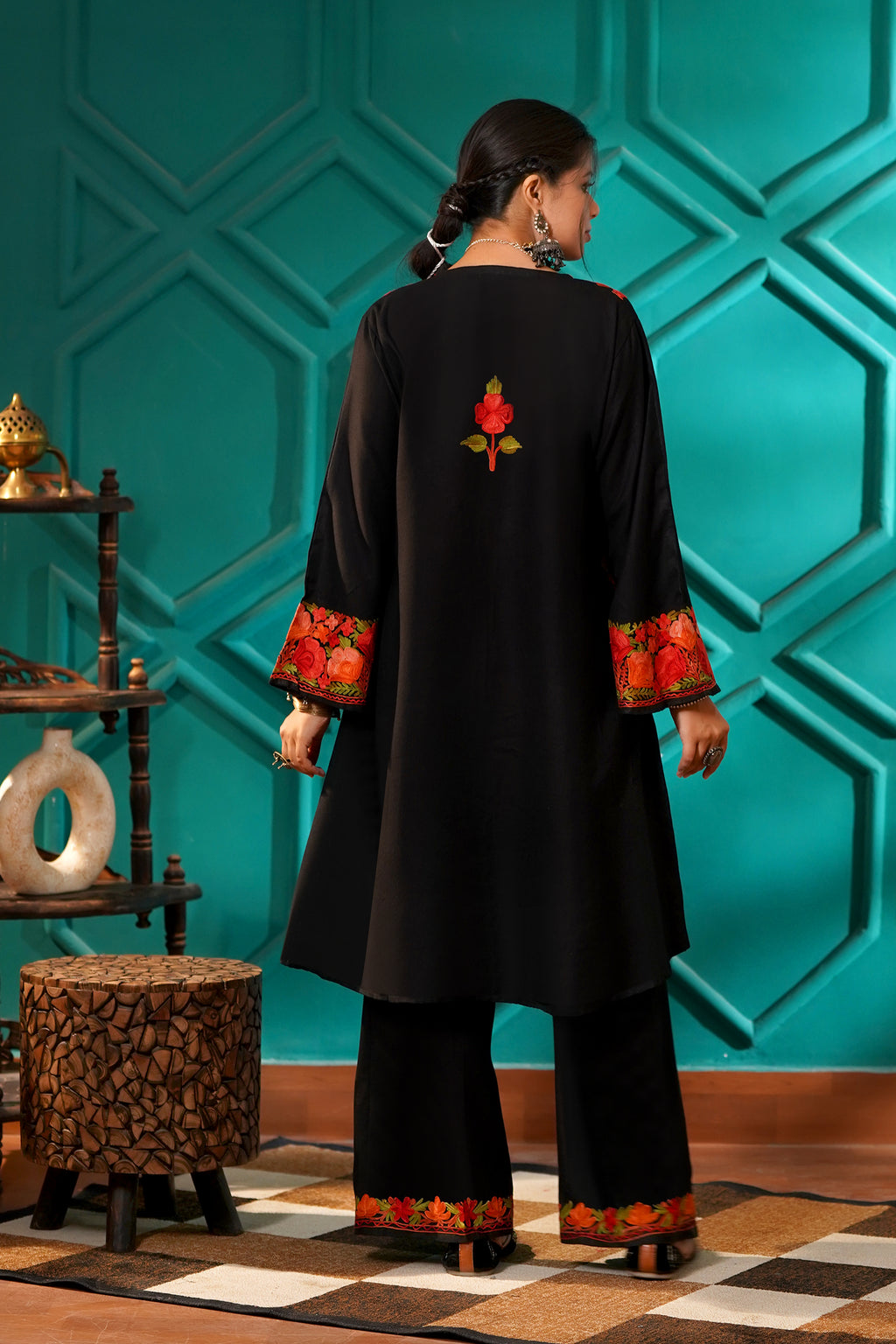 Kashmiri Bouquet Malai Cotton Tunic & Pant Set - Ruby Bloom Black