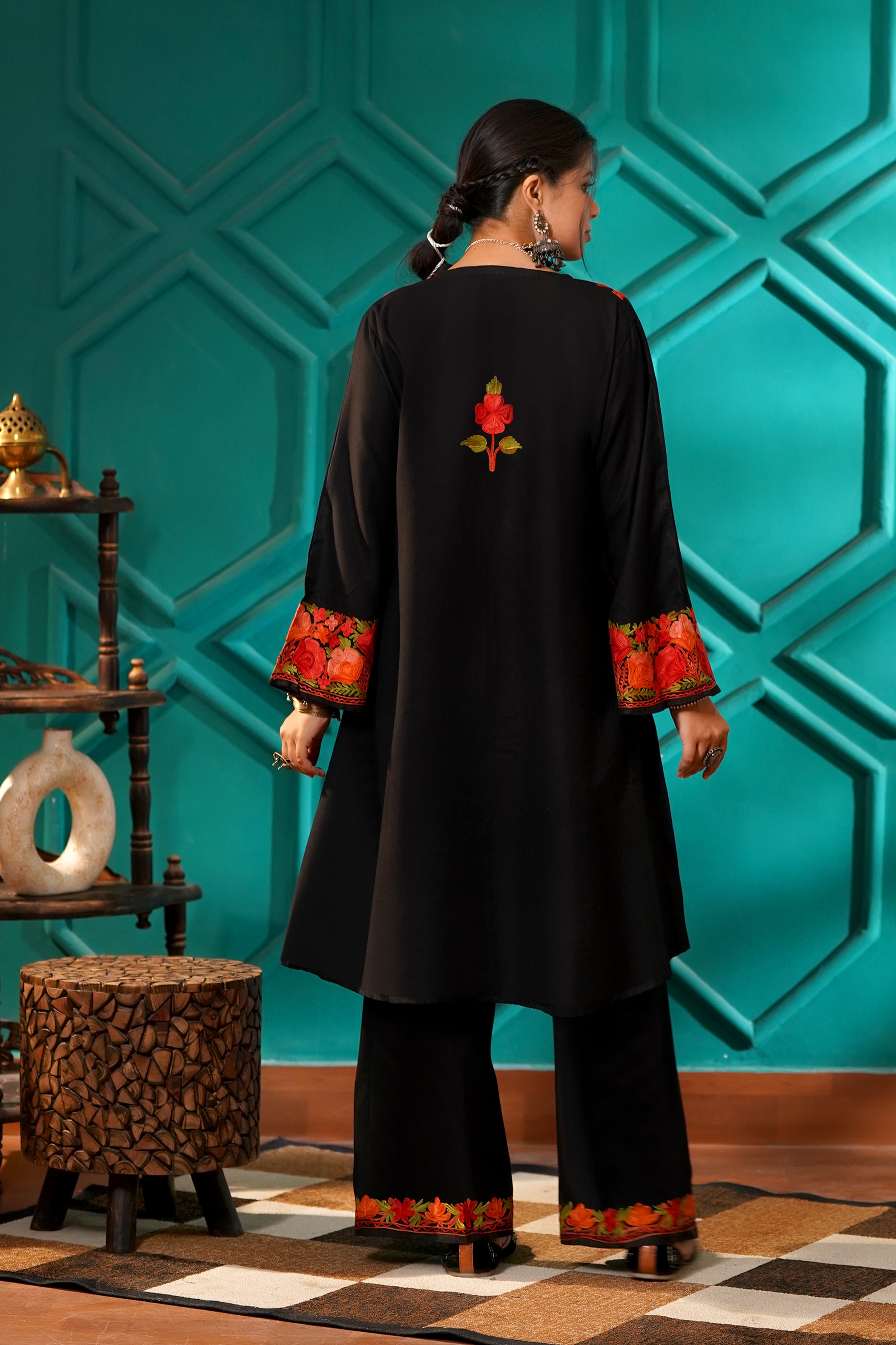 Kashmiri Bouquet Malai Cotton Tunic & Pant Set - Ruby Bloom Black