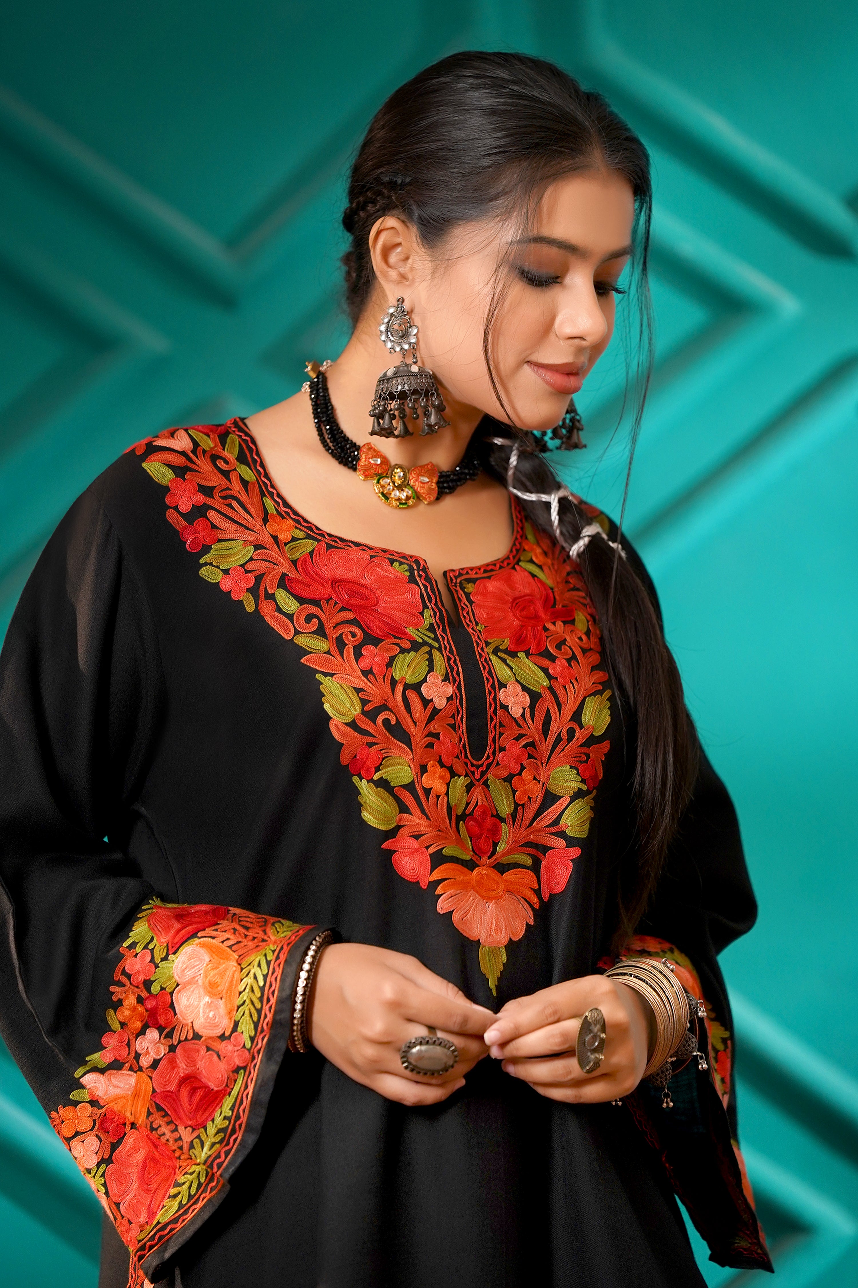 Kashmiri Bouquet Malai Cotton Tunic & Pant Set - Ruby Bloom Black
