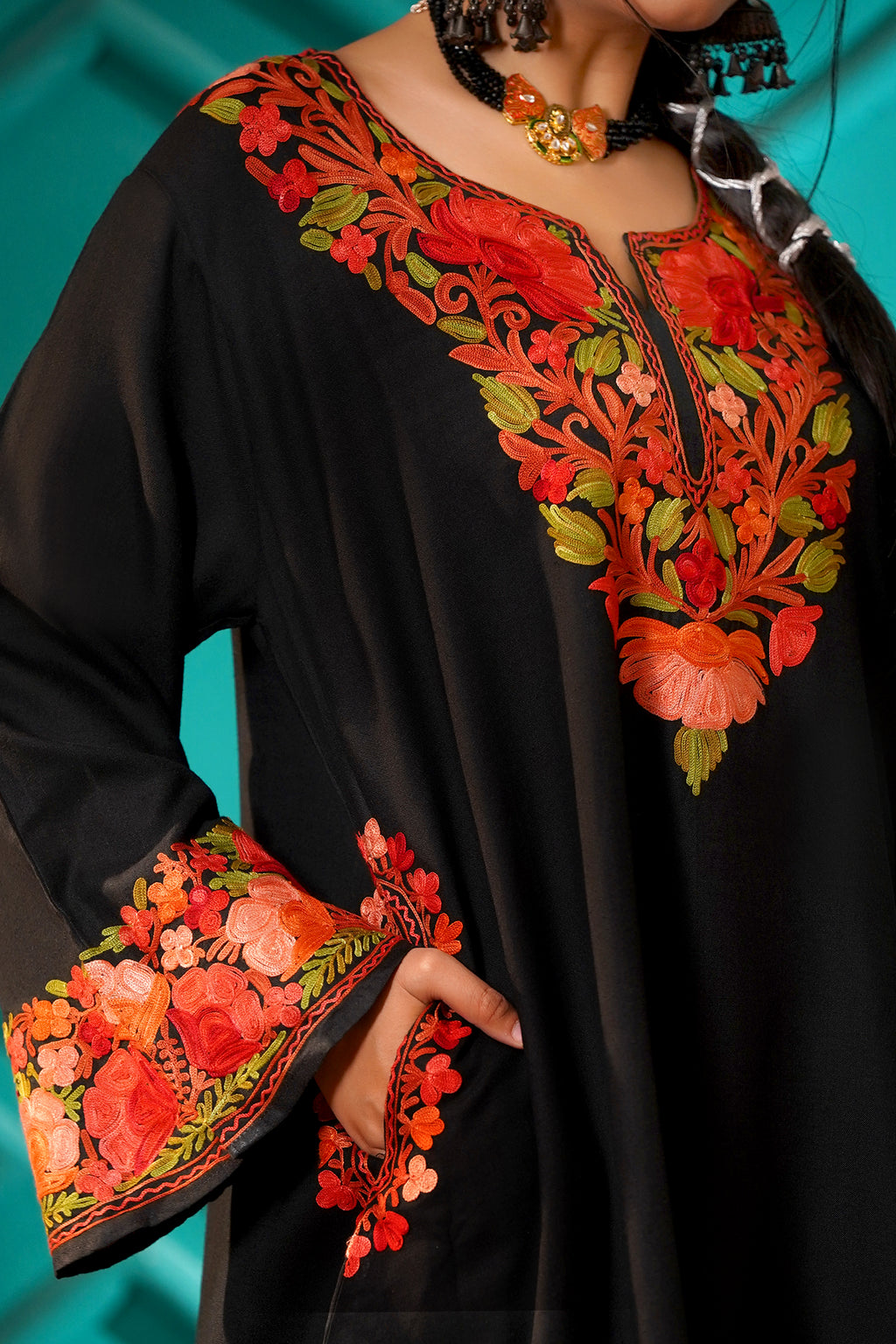 Kashmiri Bouquet Malai Cotton Tunic & Pant Set - Ruby Bloom Black