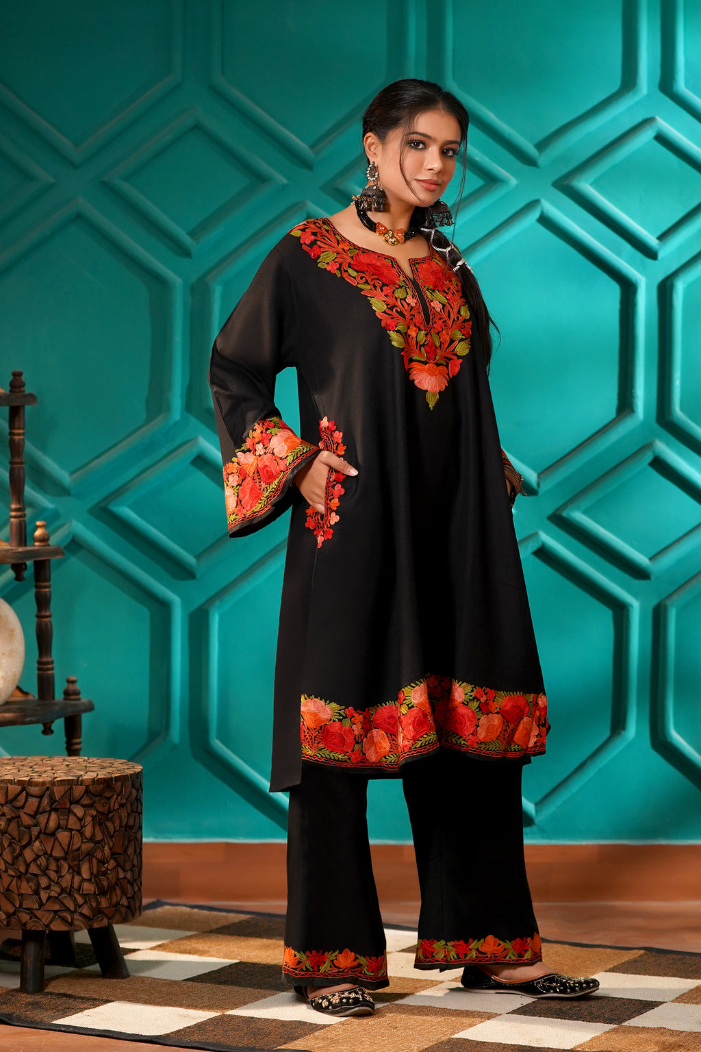 Kashmiri Bouquet Malai Cotton Tunic & Pant Set - Ruby Bloom Black