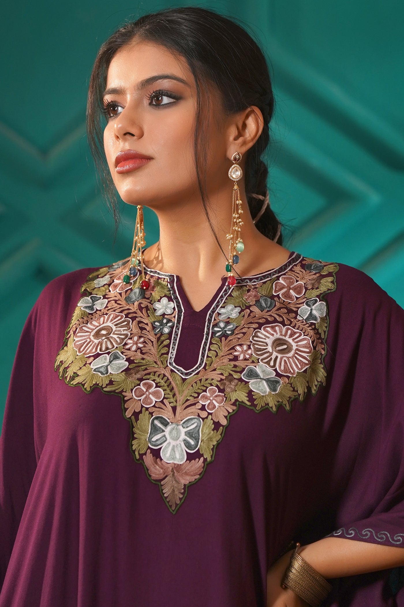 Elegant & Descriptive- Kashmiri Kaftan 2pc set - 100% Rayon Aari work - Imperial Mulberry