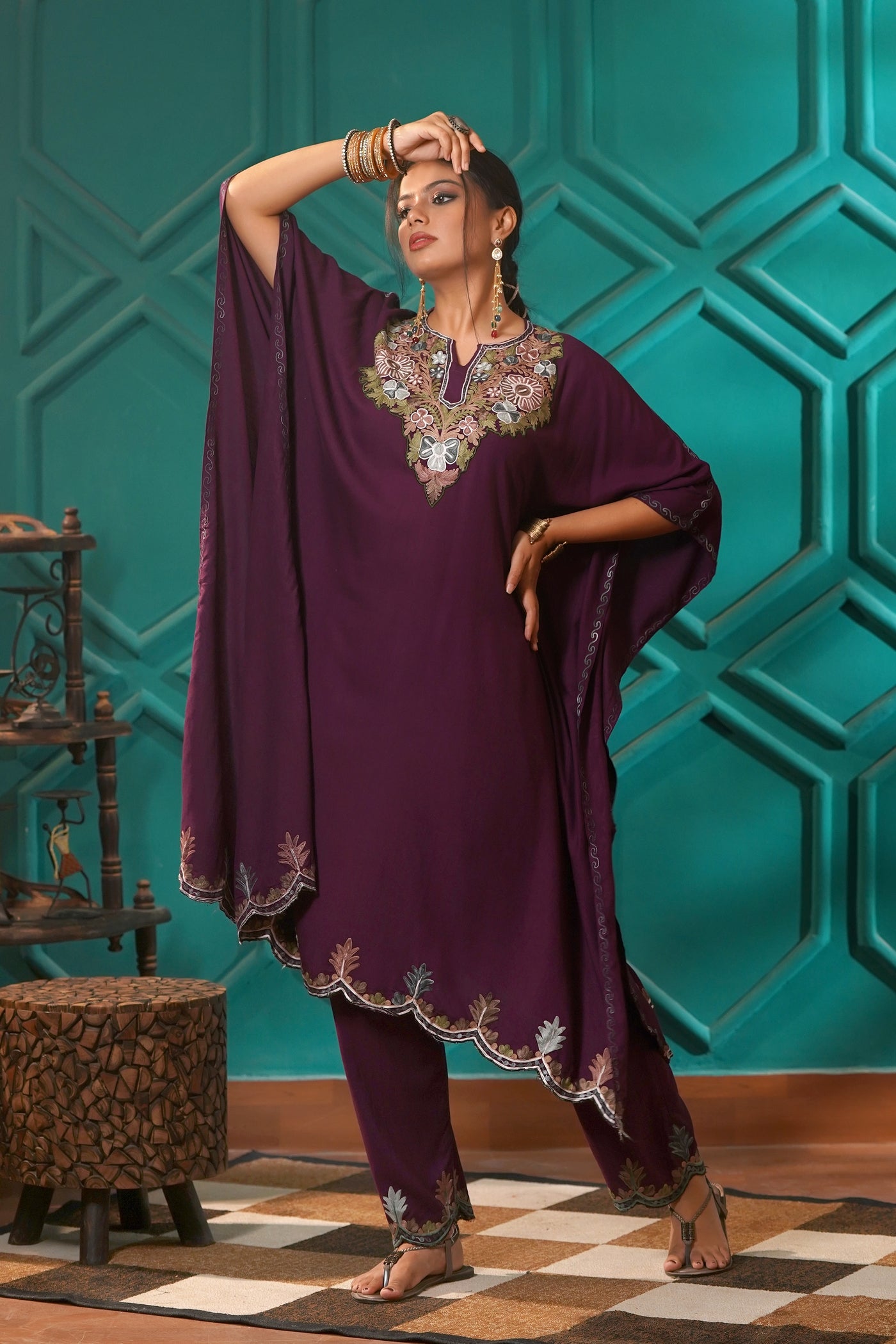Elegant & Descriptive- Kashmiri Kaftan 2pc set - 100% Rayon Aari work - Imperial Mulberry
