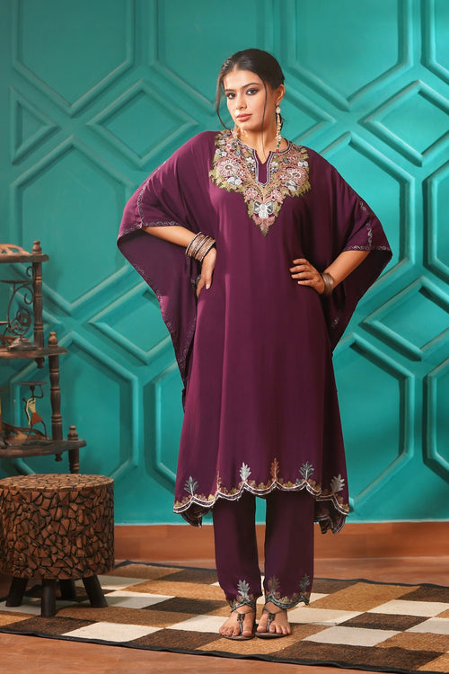 Elegant & Descriptive- Kashmiri Kaftan 2pc set - 100% Rayon Aari work - Imperial Mulberry