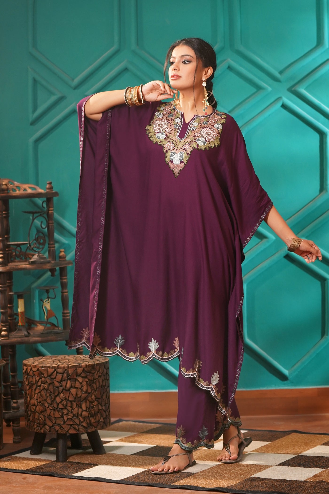 Elegant & Descriptive- Kashmiri Kaftan 2pc set - 100% Rayon Aari work - Imperial Mulberry