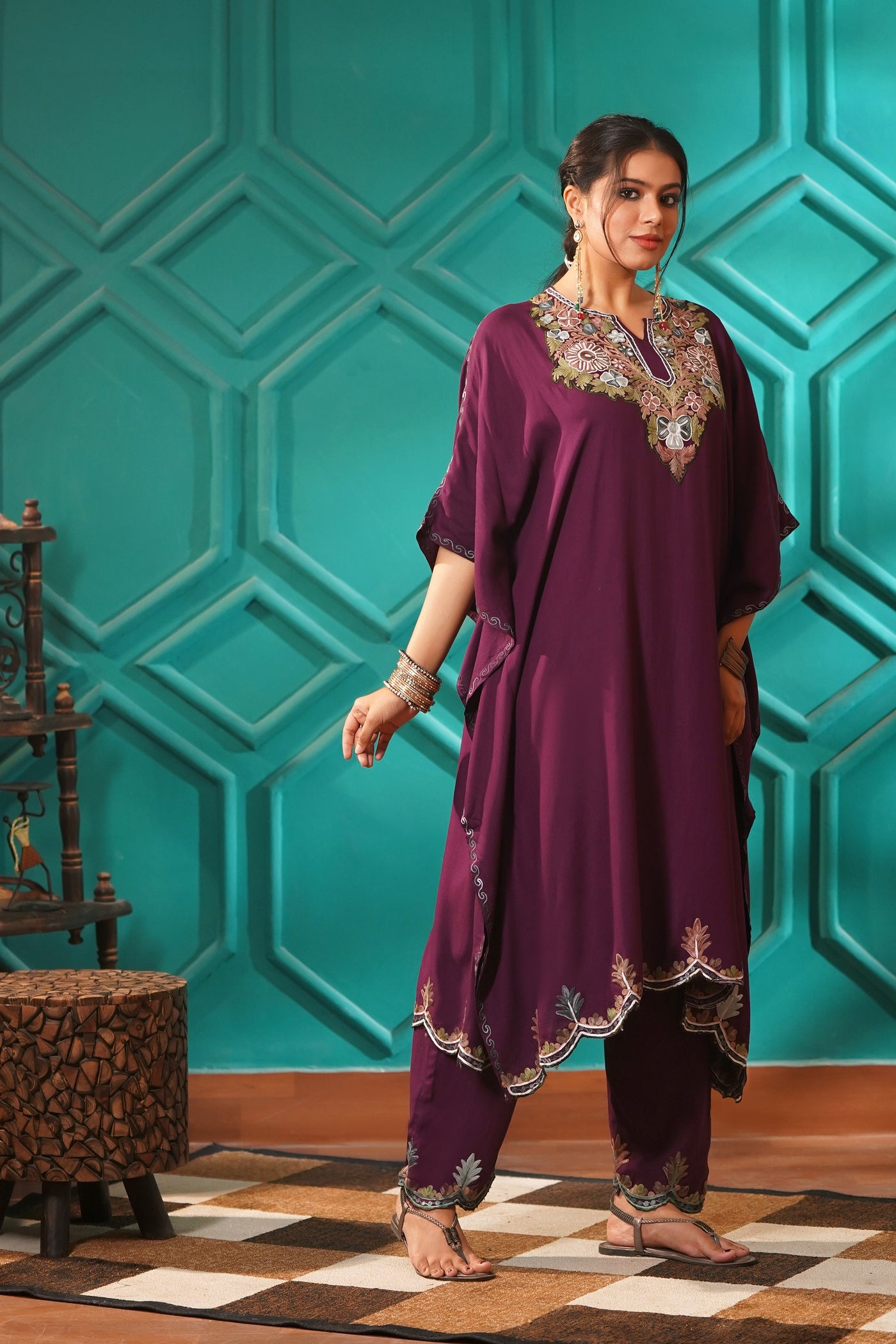 Elegant & Descriptive- Kashmiri Kaftan 2pc set - 100% Rayon Aari work - Imperial Mulberry