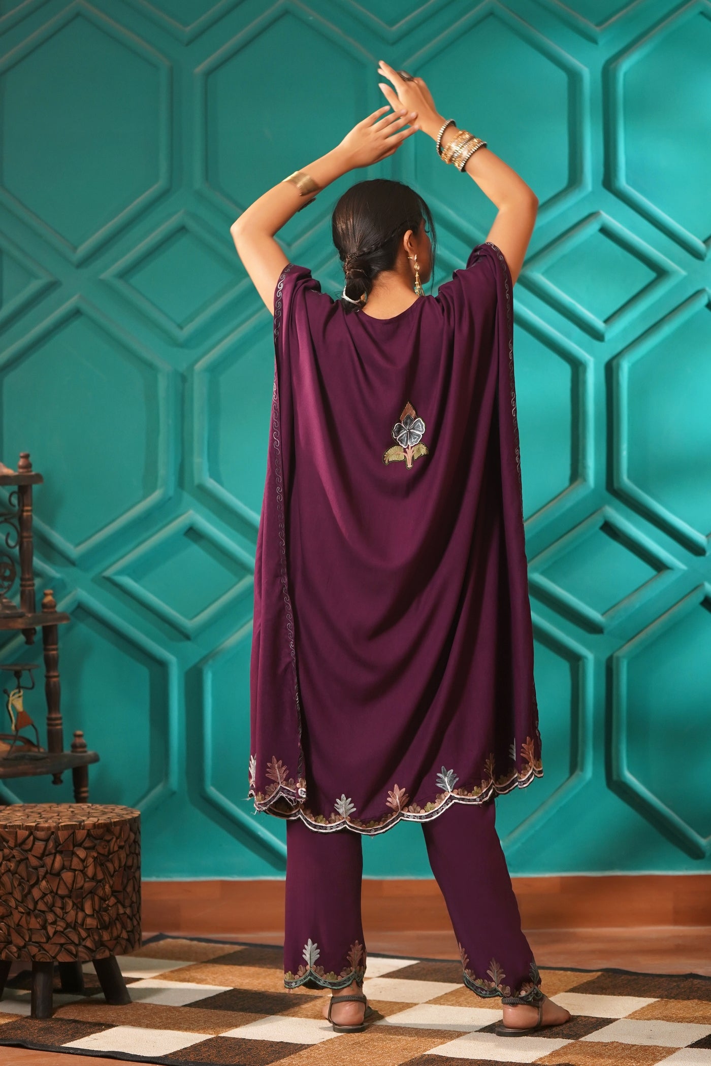Elegant & Descriptive- Kashmiri Kaftan 2pc set - 100% Rayon Aari work - Imperial Mulberry