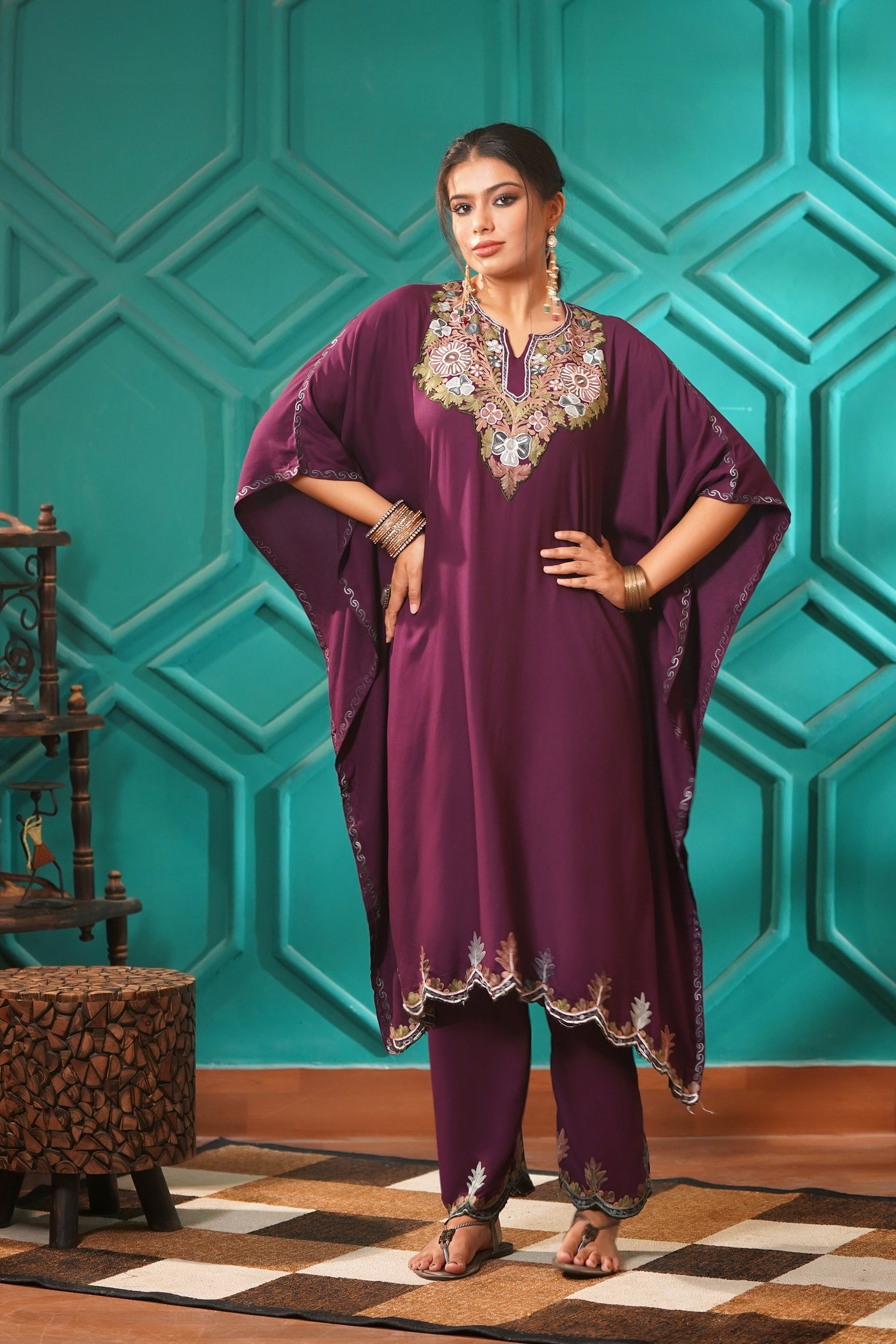 Elegant & Descriptive- Kashmiri Kaftan 2pc set - 100% Rayon Aari work - Imperial Mulberry