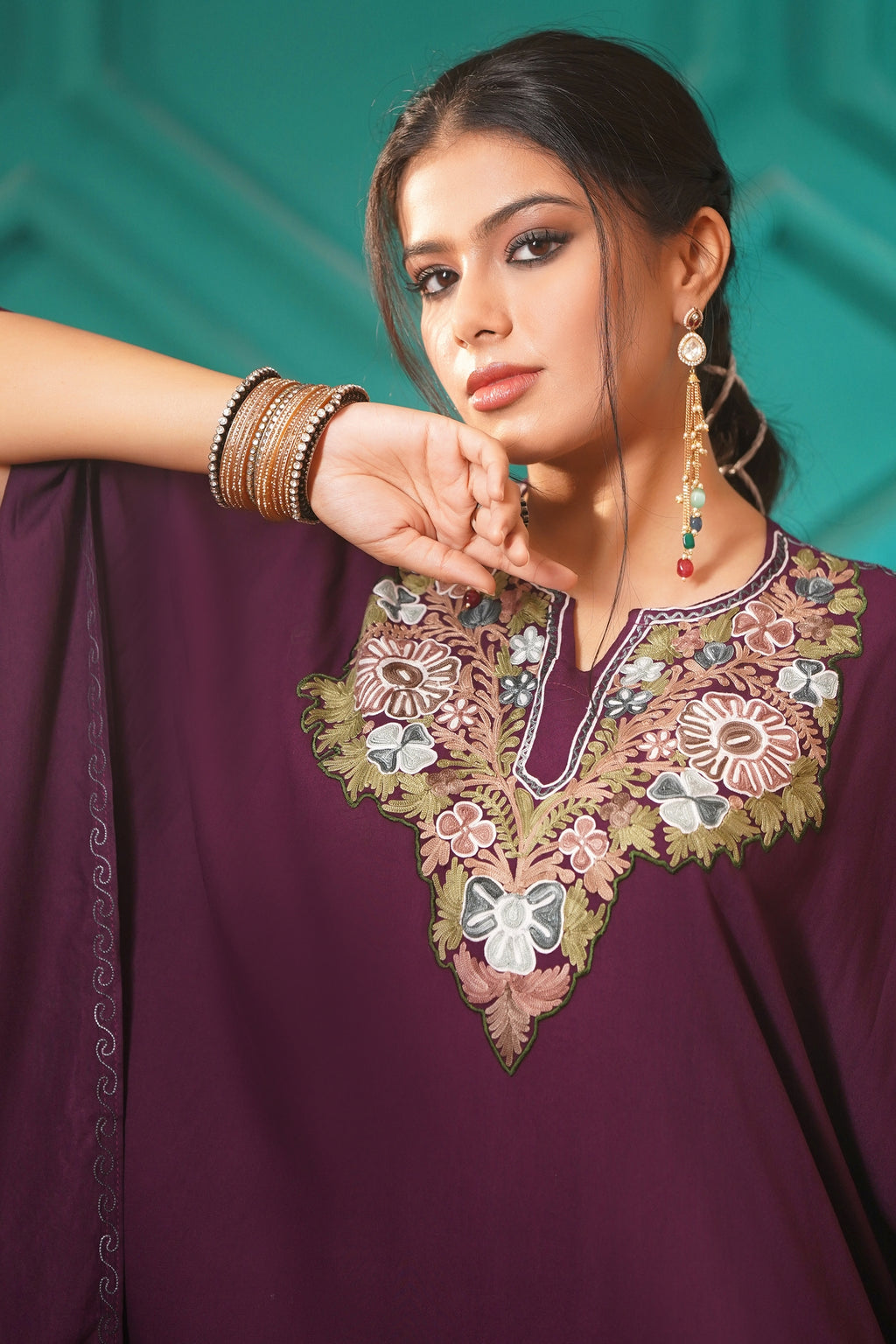 Elegant & Descriptive- Kashmiri Kaftan 2pc set - 100% Rayon Aari work - Imperial Mulberry