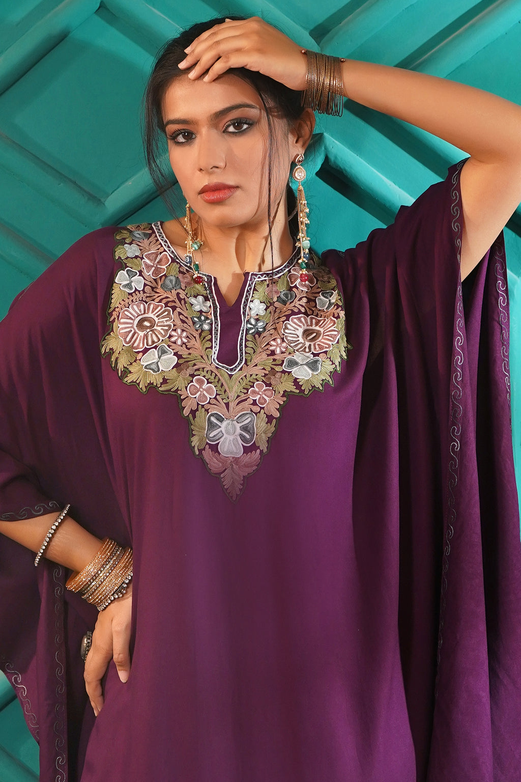 Elegant & Descriptive- Kashmiri Kaftan 2pc set - 100% Rayon Aari work - Imperial Mulberry