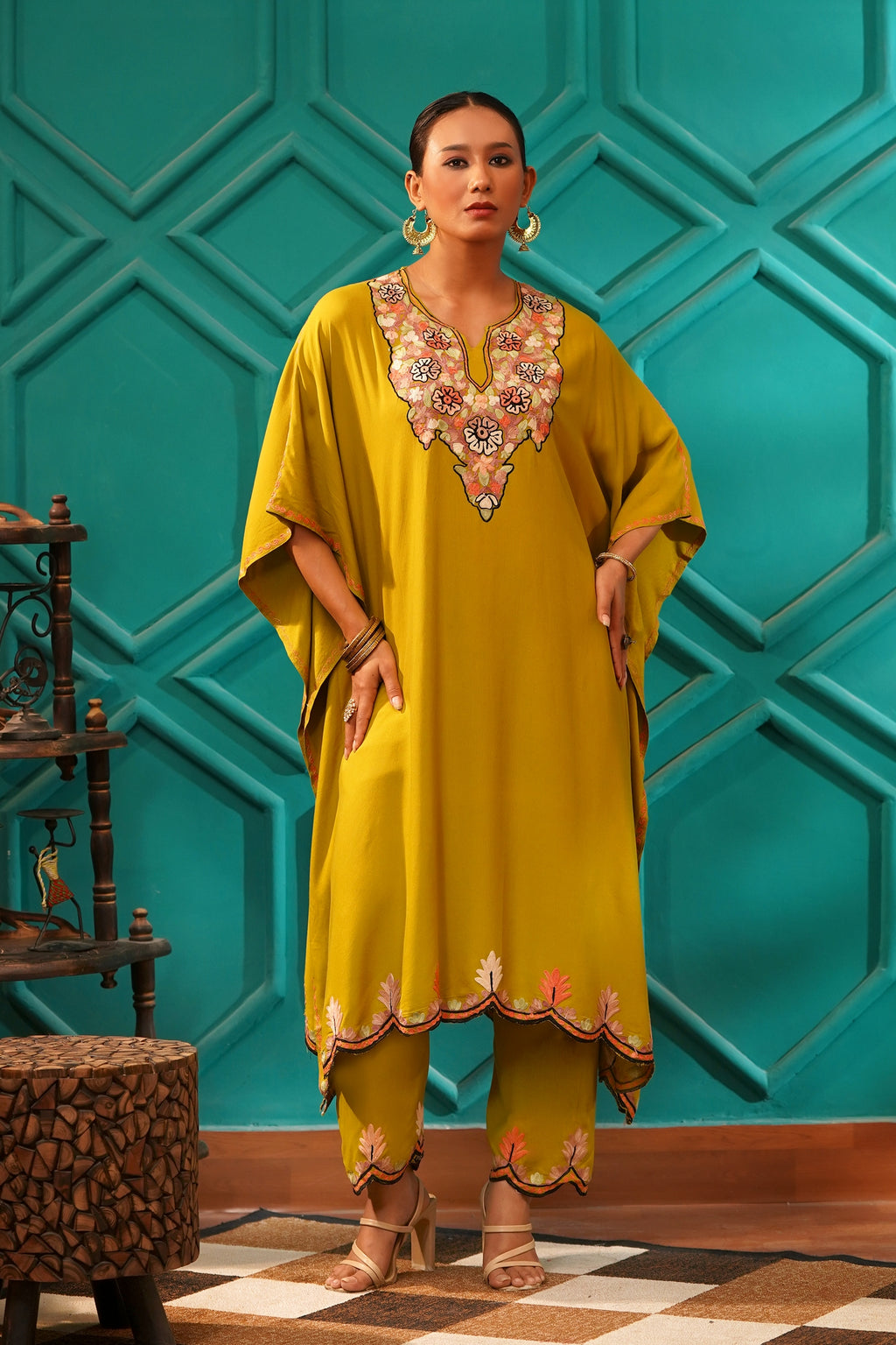 Elegant & Descriptive- Kashmiri Kaftan 2pc set - 100% Rayon Aari work - Antique Moss