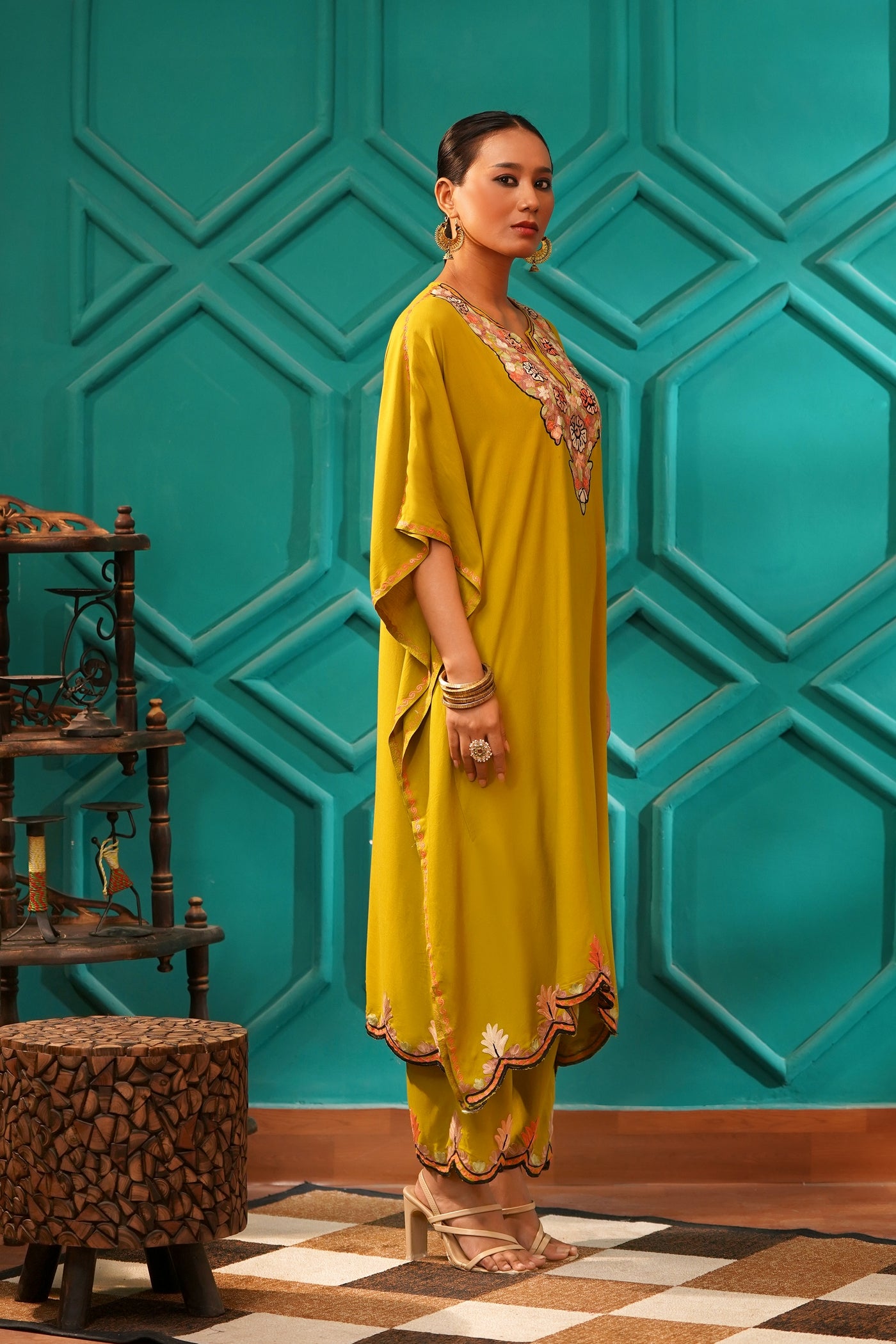 Elegant & Descriptive- Kashmiri Kaftan 2pc set - 100% Rayon Aari work - Antique Moss