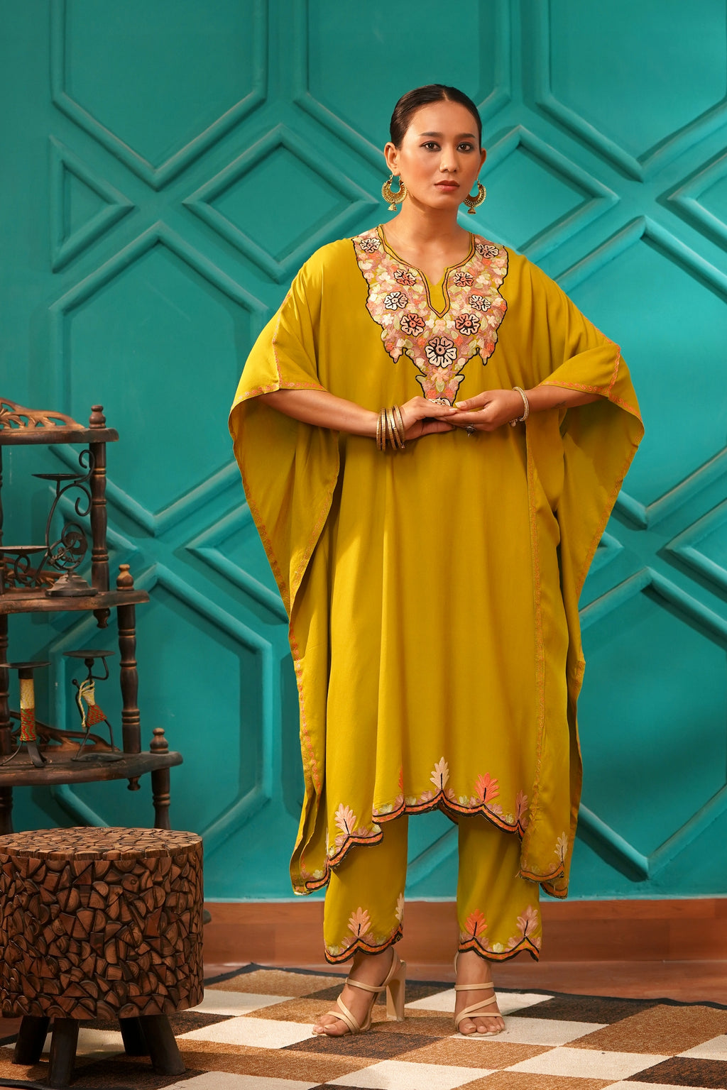 Elegant & Descriptive- Kashmiri Kaftan 2pc set - 100% Rayon Aari work - Antique Moss