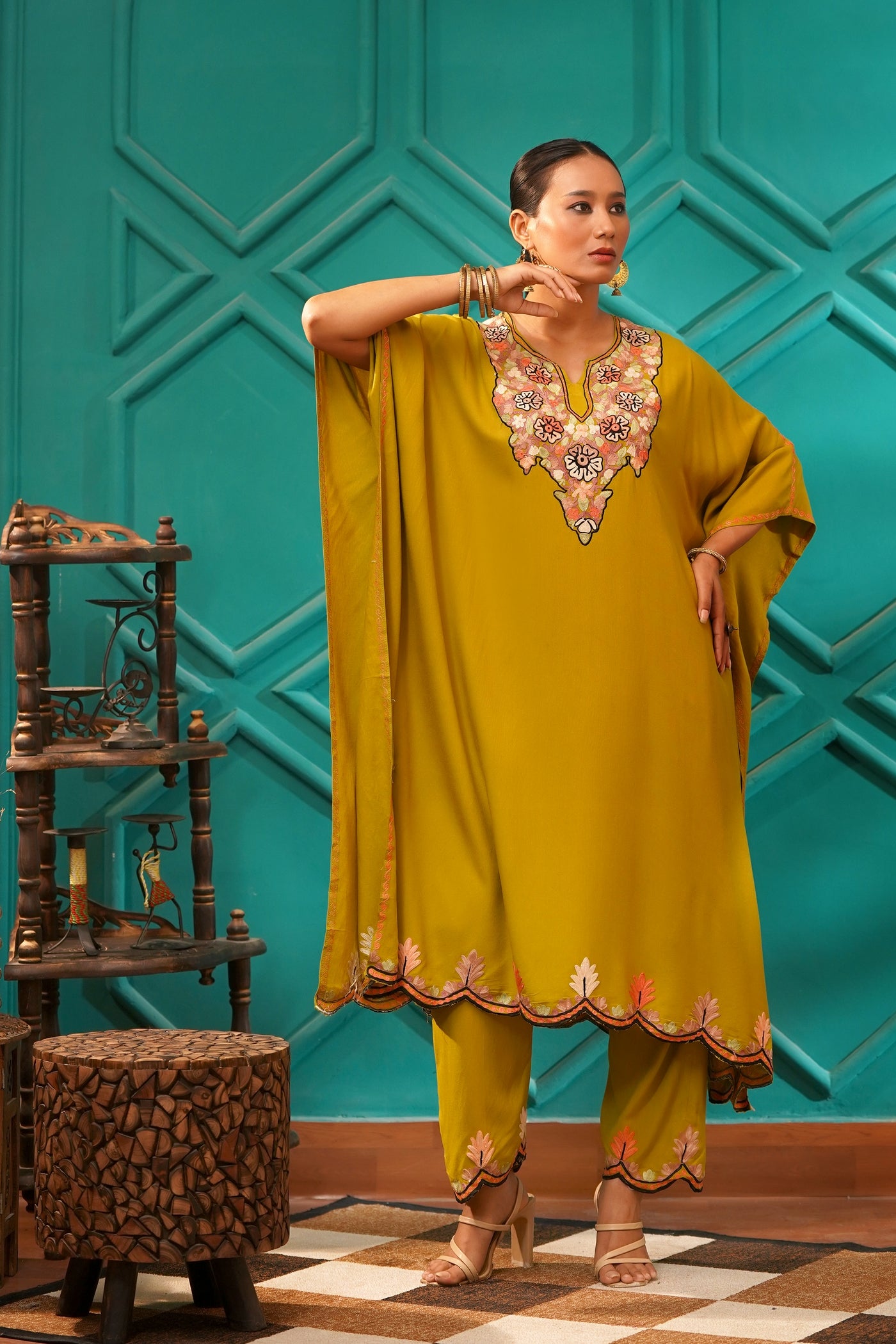 Elegant & Descriptive- Kashmiri Kaftan 2pc set - 100% Rayon Aari work - Antique Moss