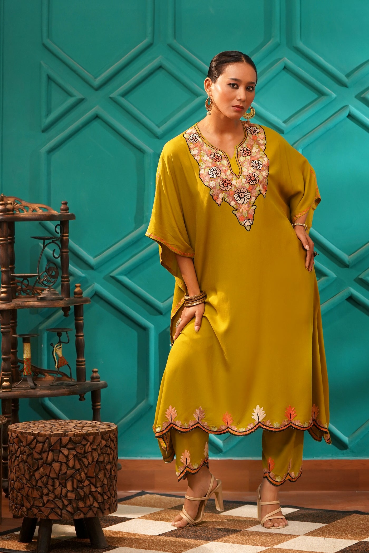 Elegant & Descriptive- Kashmiri Kaftan 2pc set - 100% Rayon Aari work - Antique Moss