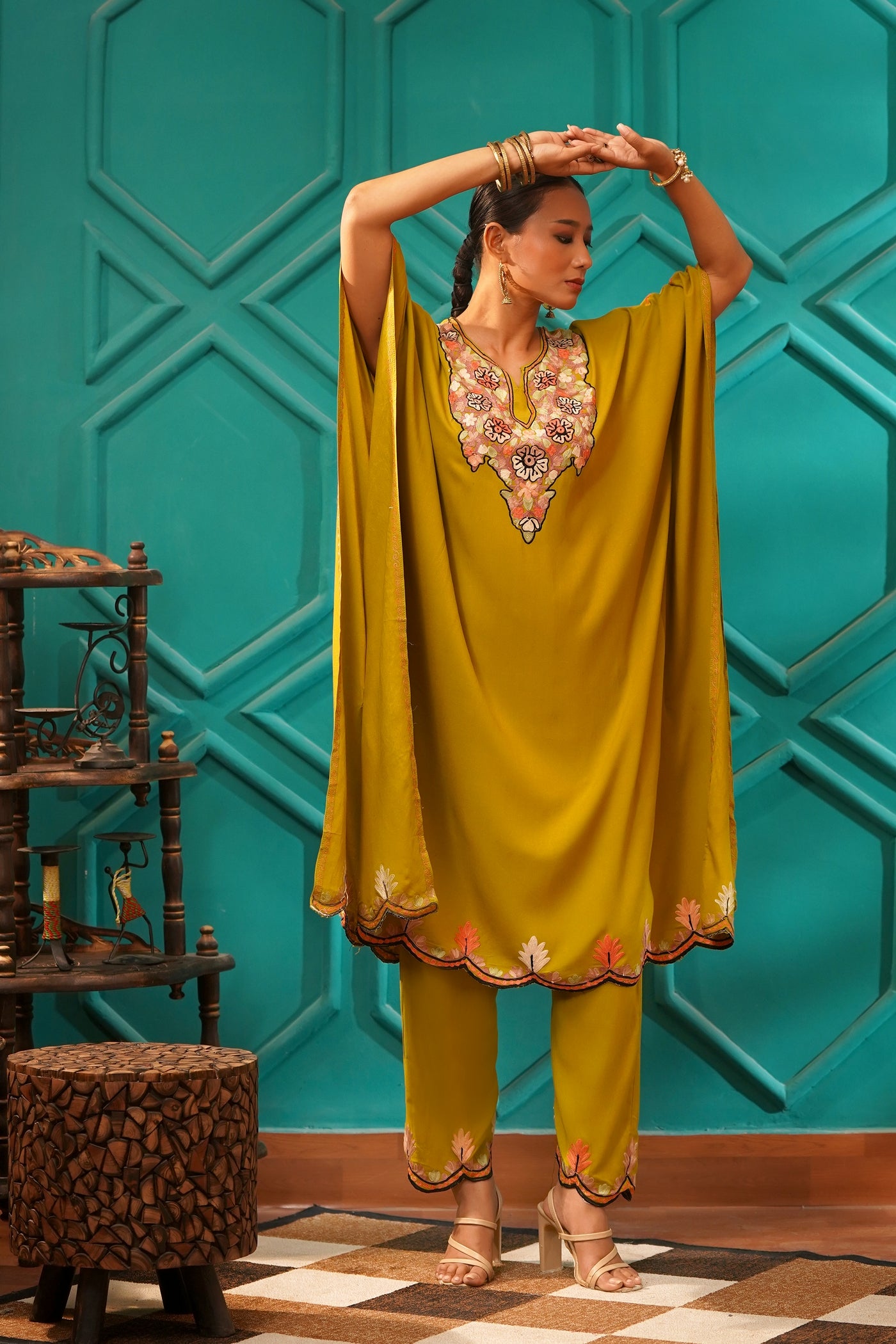Elegant & Descriptive- Kashmiri Kaftan 2pc set - 100% Rayon Aari work - Antique Moss