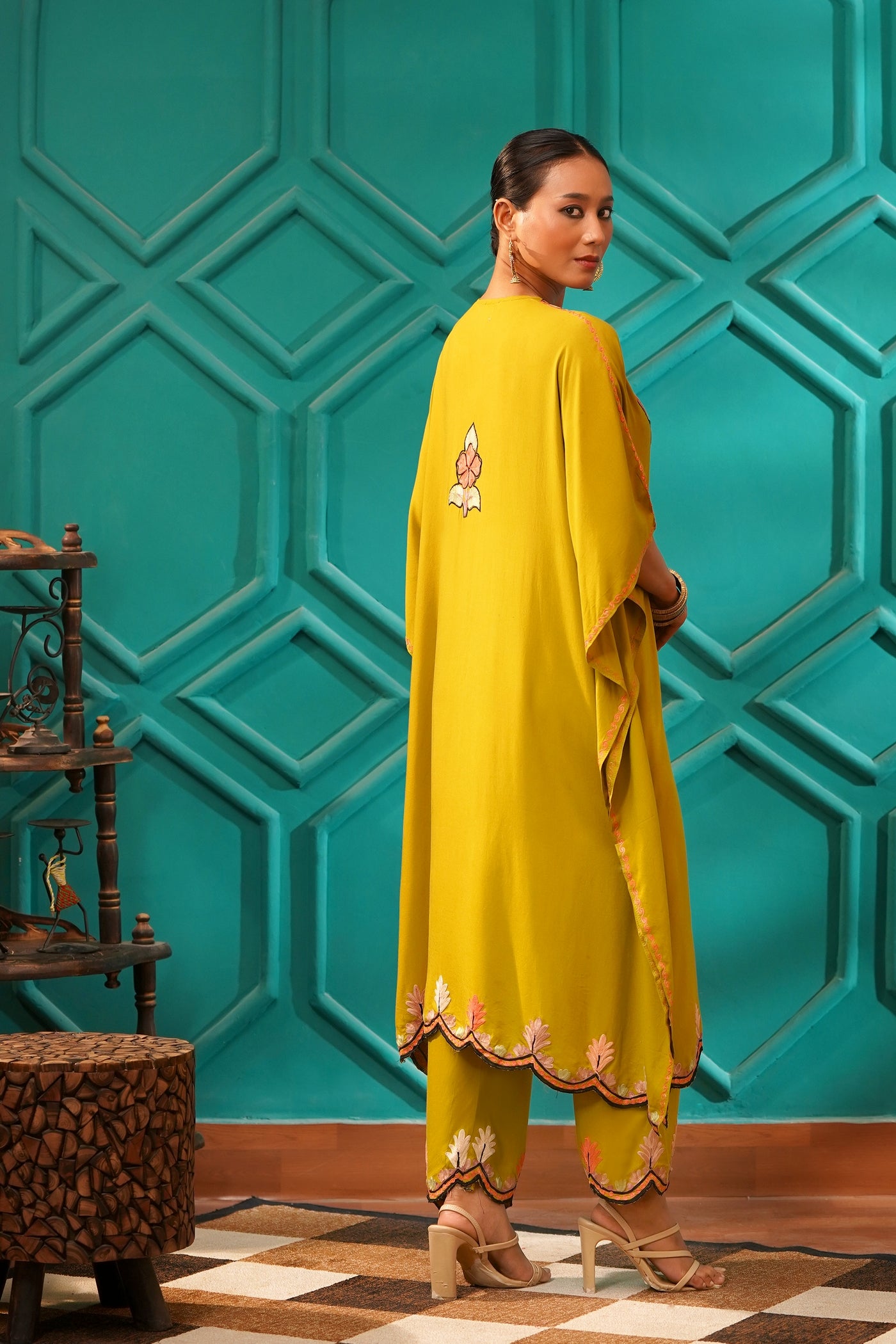 Elegant & Descriptive- Kashmiri Kaftan 2pc set - 100% Rayon Aari work - Antique Moss