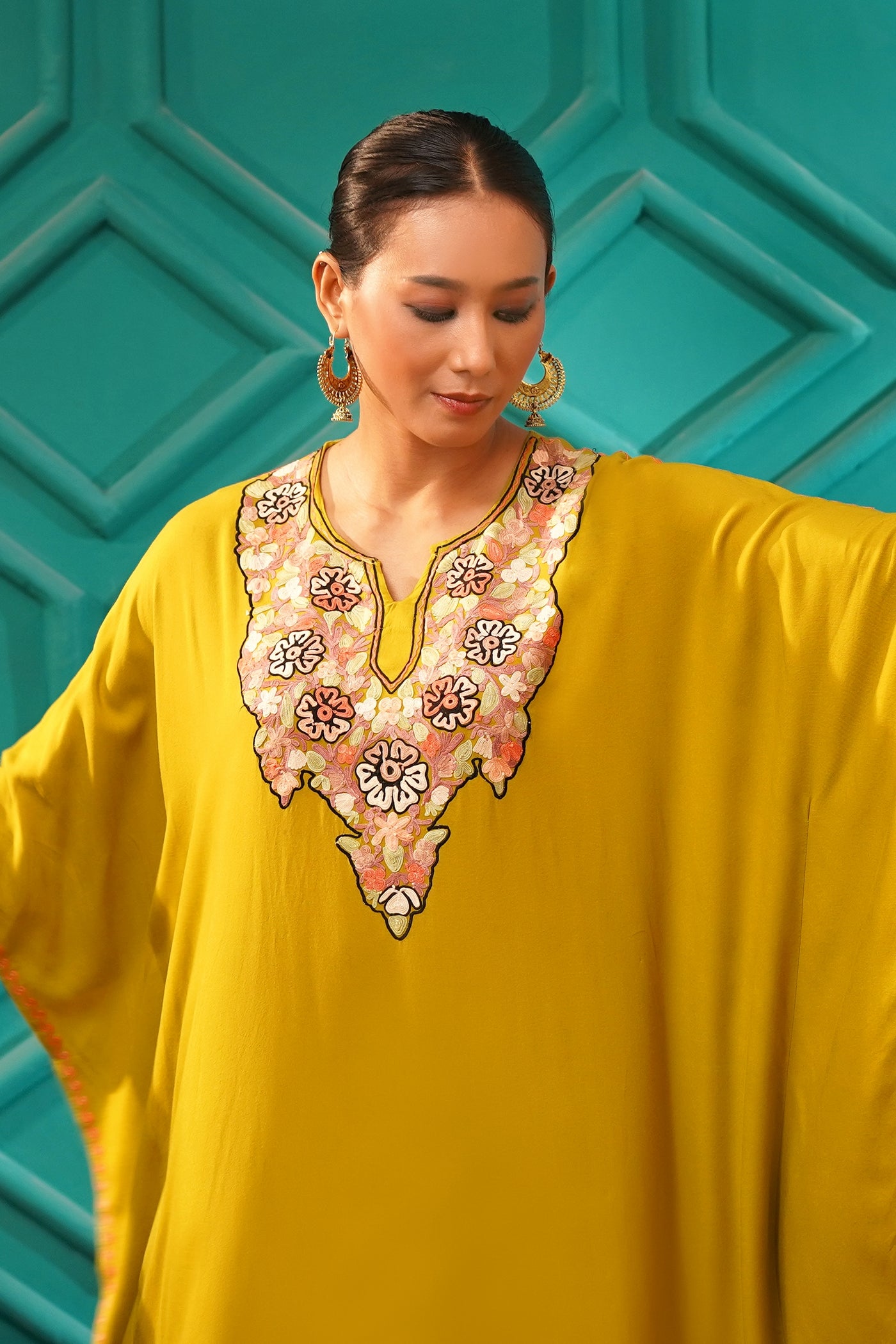 Elegant & Descriptive- Kashmiri Kaftan 2pc set - 100% Rayon Aari work - Antique Moss
