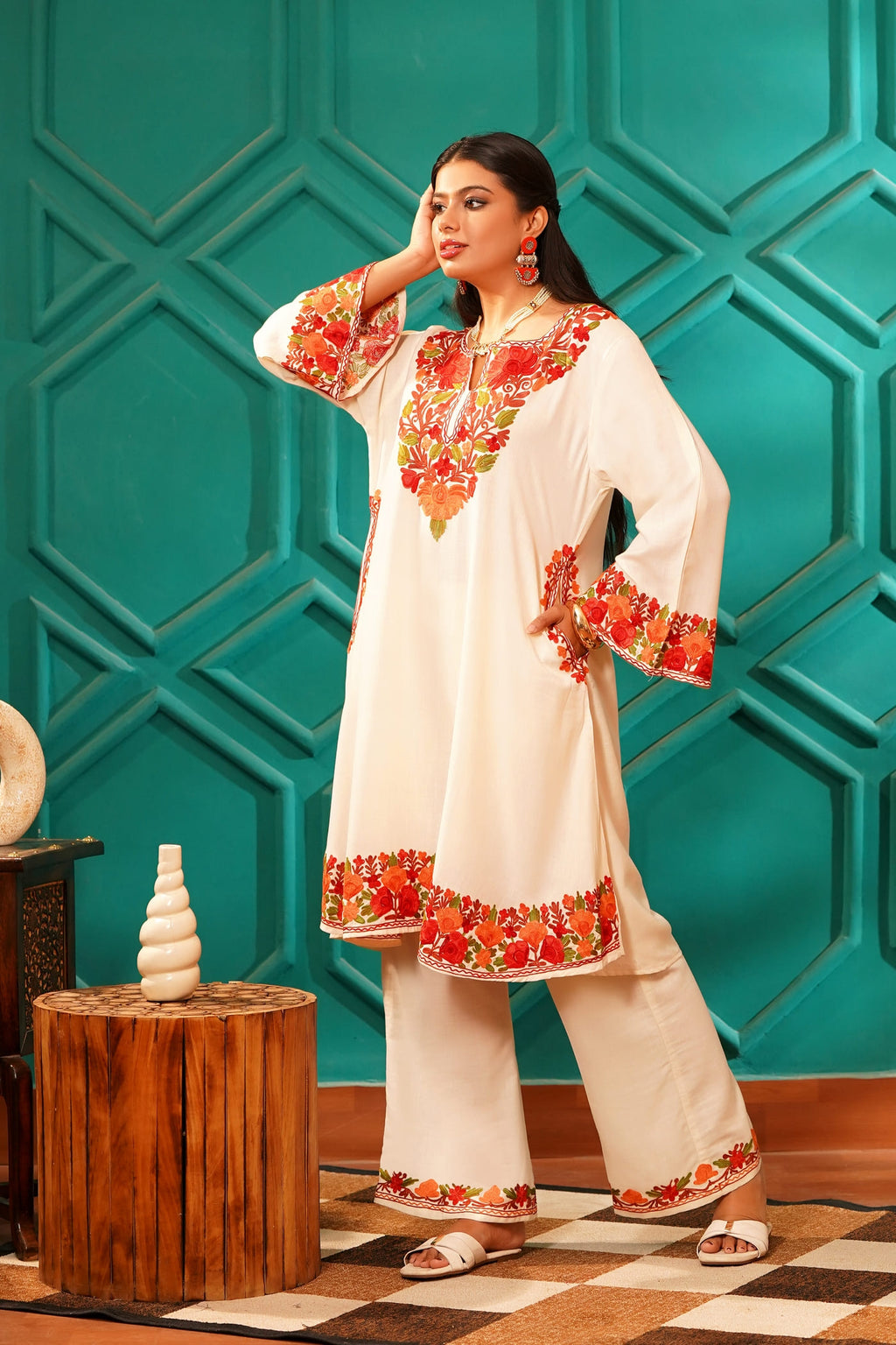 Kashmiri Bouquet Malai Cotton Tunic & Pant Set - Kashmiri Pearl