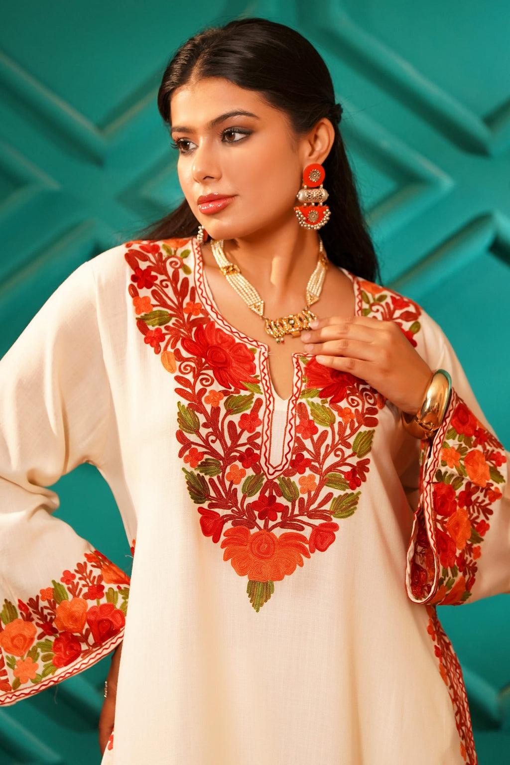 Kashmiri Bouquet Malai Cotton Tunic & Pant Set - Kashmiri Pearl