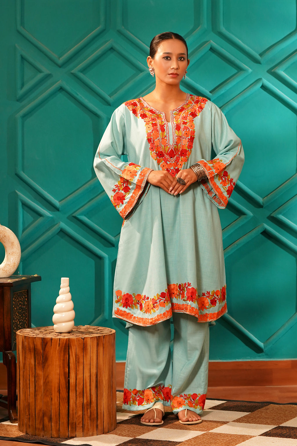 Kashmiri Bouquet Malai Cotton Tunic & Pant Set - Mint Royale