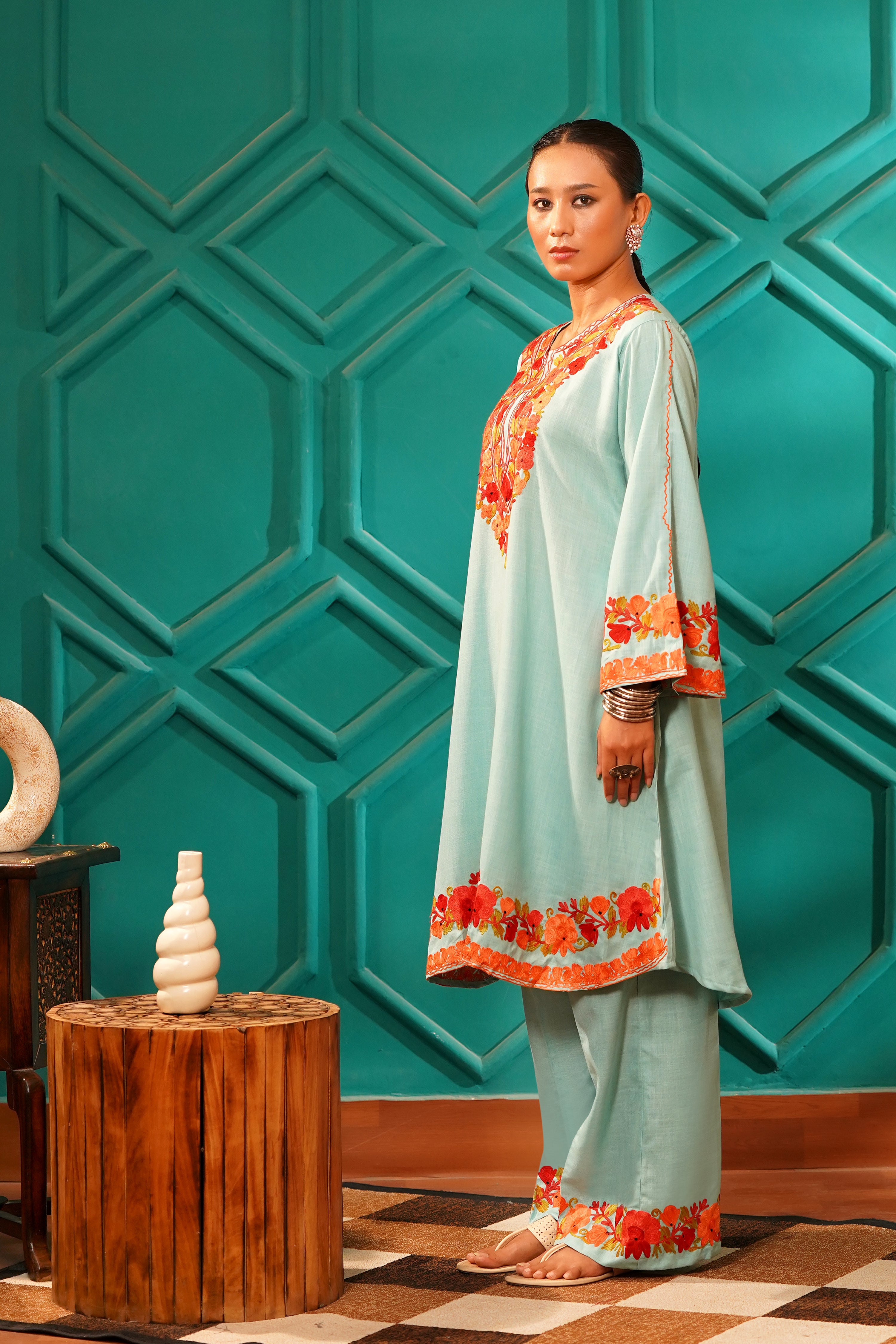 Kashmiri Bouquet Malai Cotton Tunic & Pant Set - Mint Royale