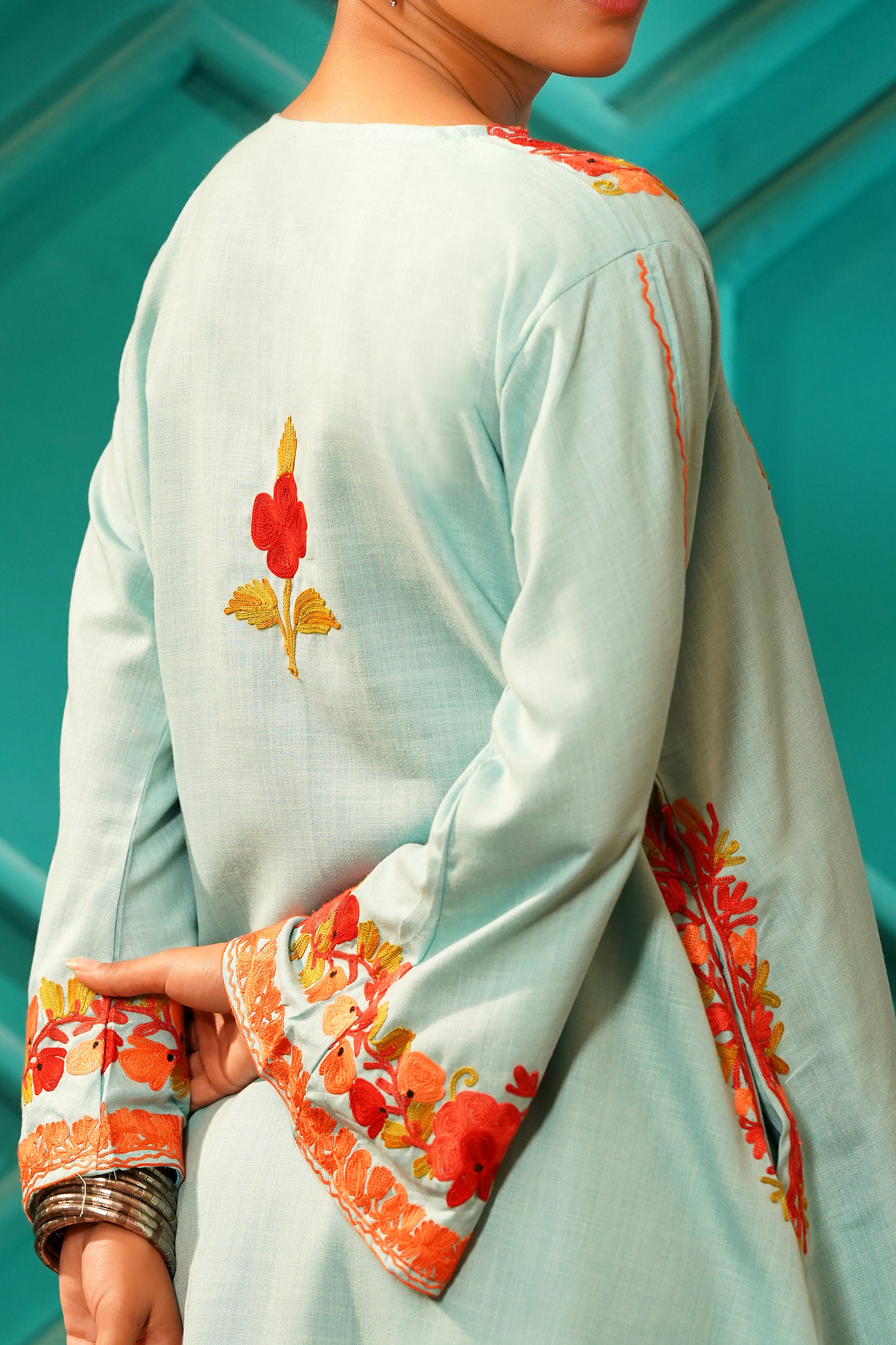 Kashmiri Bouquet Malai Cotton Tunic & Pant Set - Mint Royale