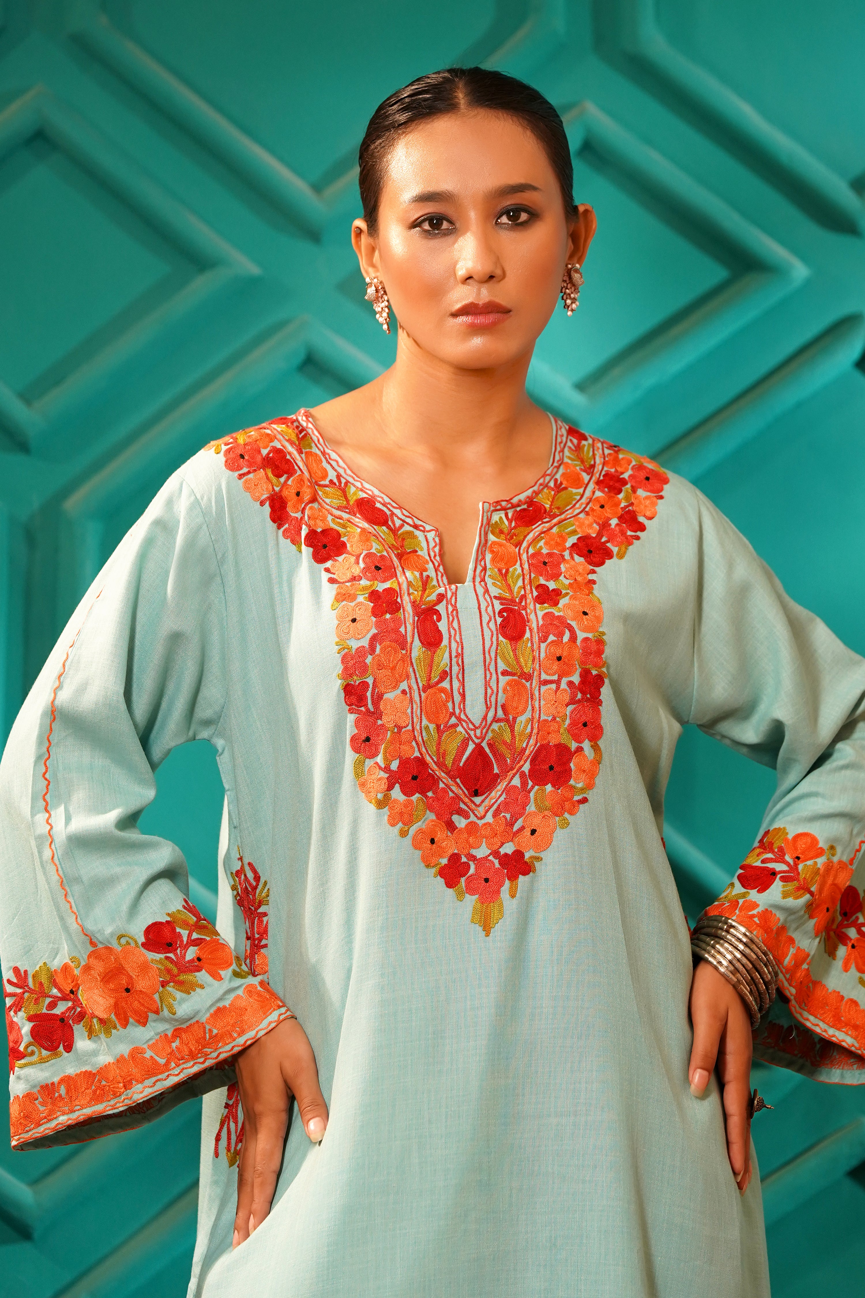 Kashmiri Bouquet Malai Cotton Tunic & Pant Set - Mint Royale