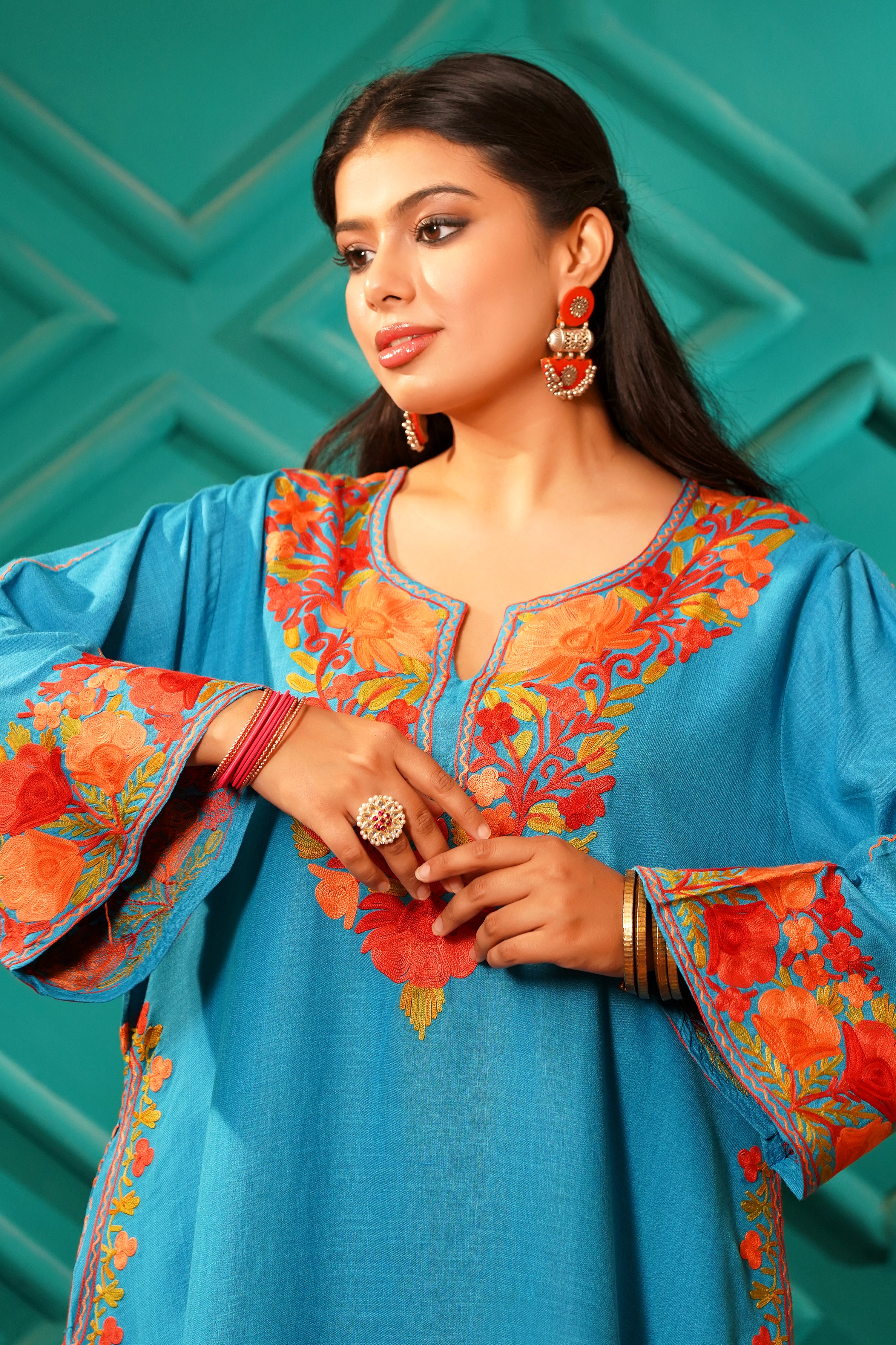 Kashmiri Bouquet Malai Cotton Tunic & Pant Set - Turquoise Royale