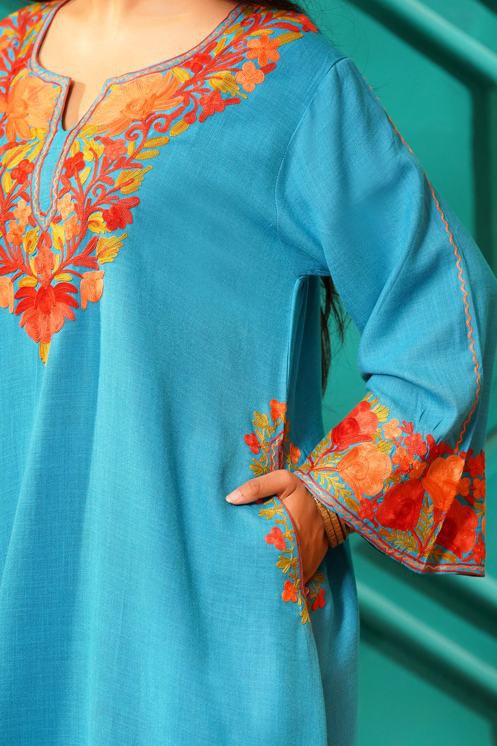 Kashmiri Bouquet Malai Cotton Tunic & Pant Set - Turquoise Royale