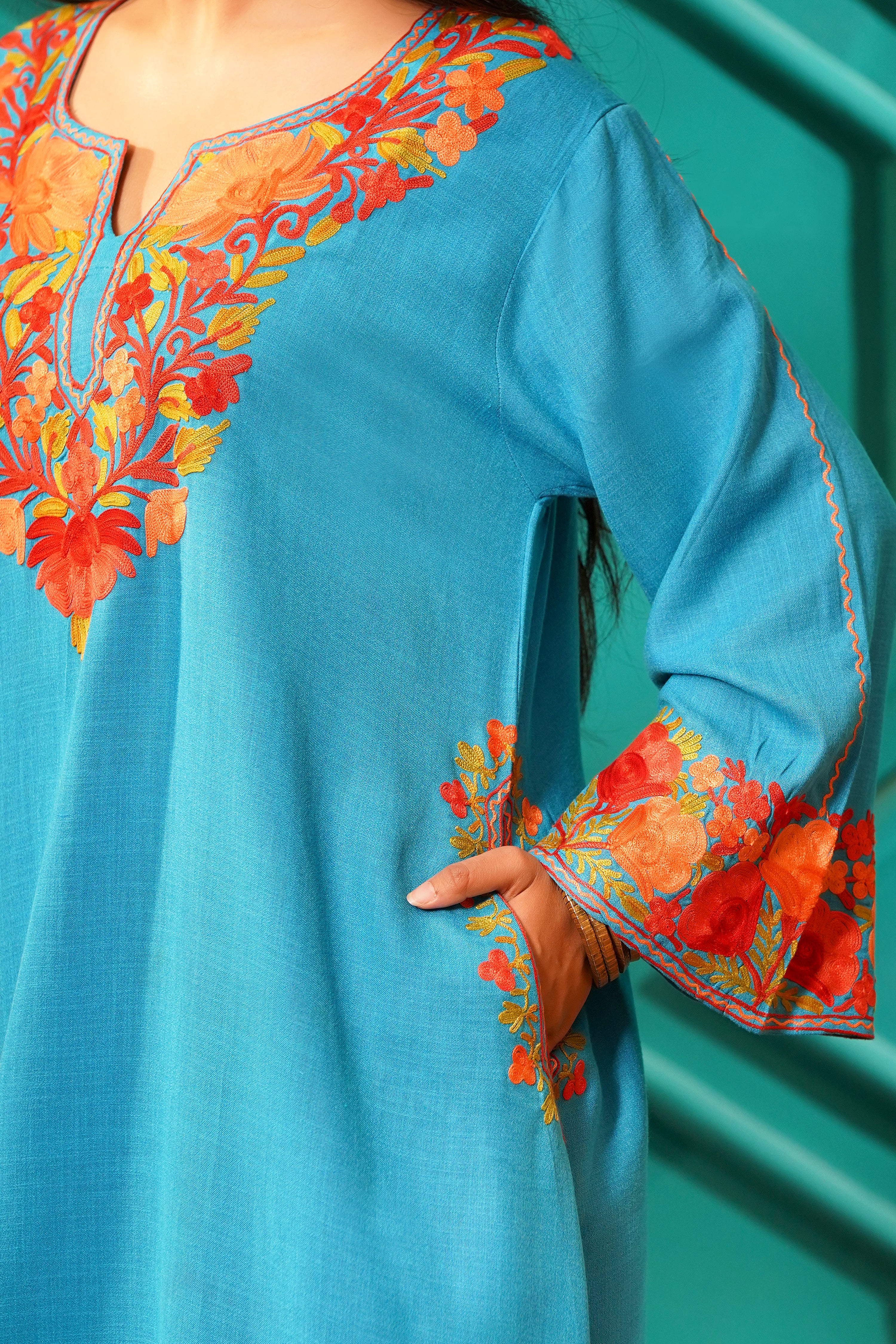 Kashmiri Bouquet Malai Cotton Tunic & Pant Set - Turquoise Royale