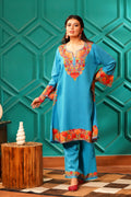 Kashmiri Bouquet Malai Cotton Tunic & Pant Set - Turquoise Royale