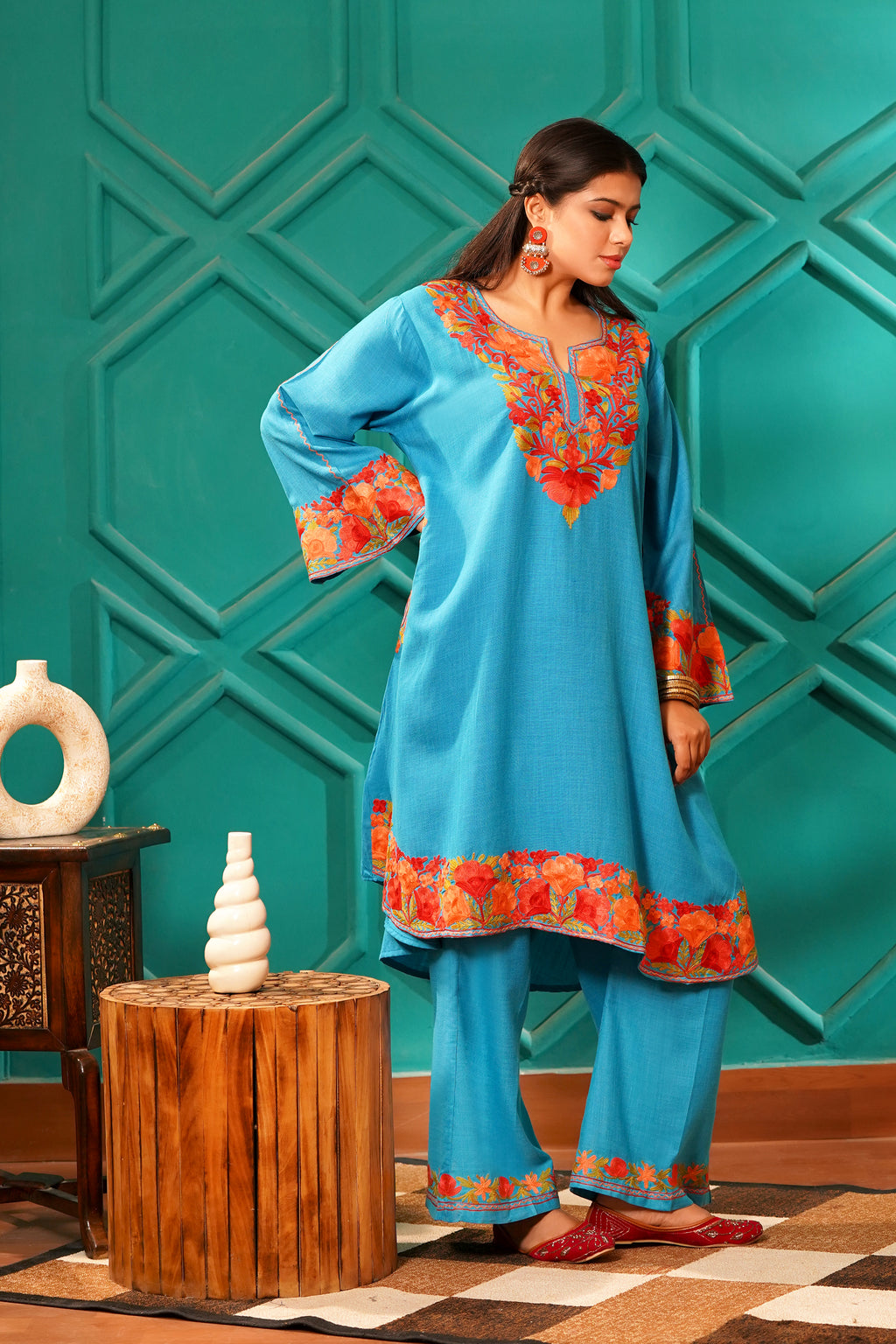 Kashmiri Bouquet Malai Cotton Tunic & Pant Set - Turquoise Royale