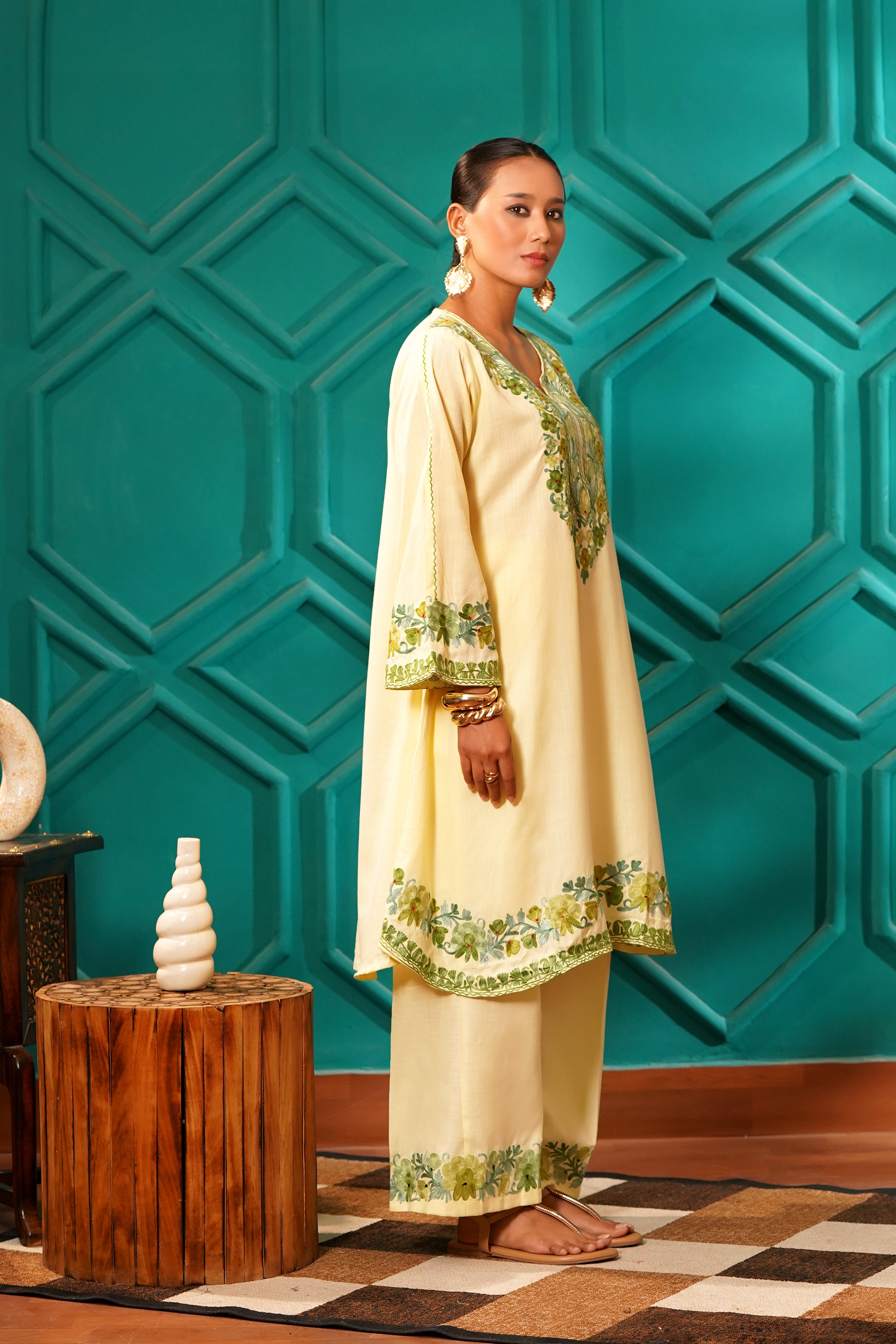 Kashmiri Bouquet Malai Cotton Tunic & Pant Set - Buttercream Mist