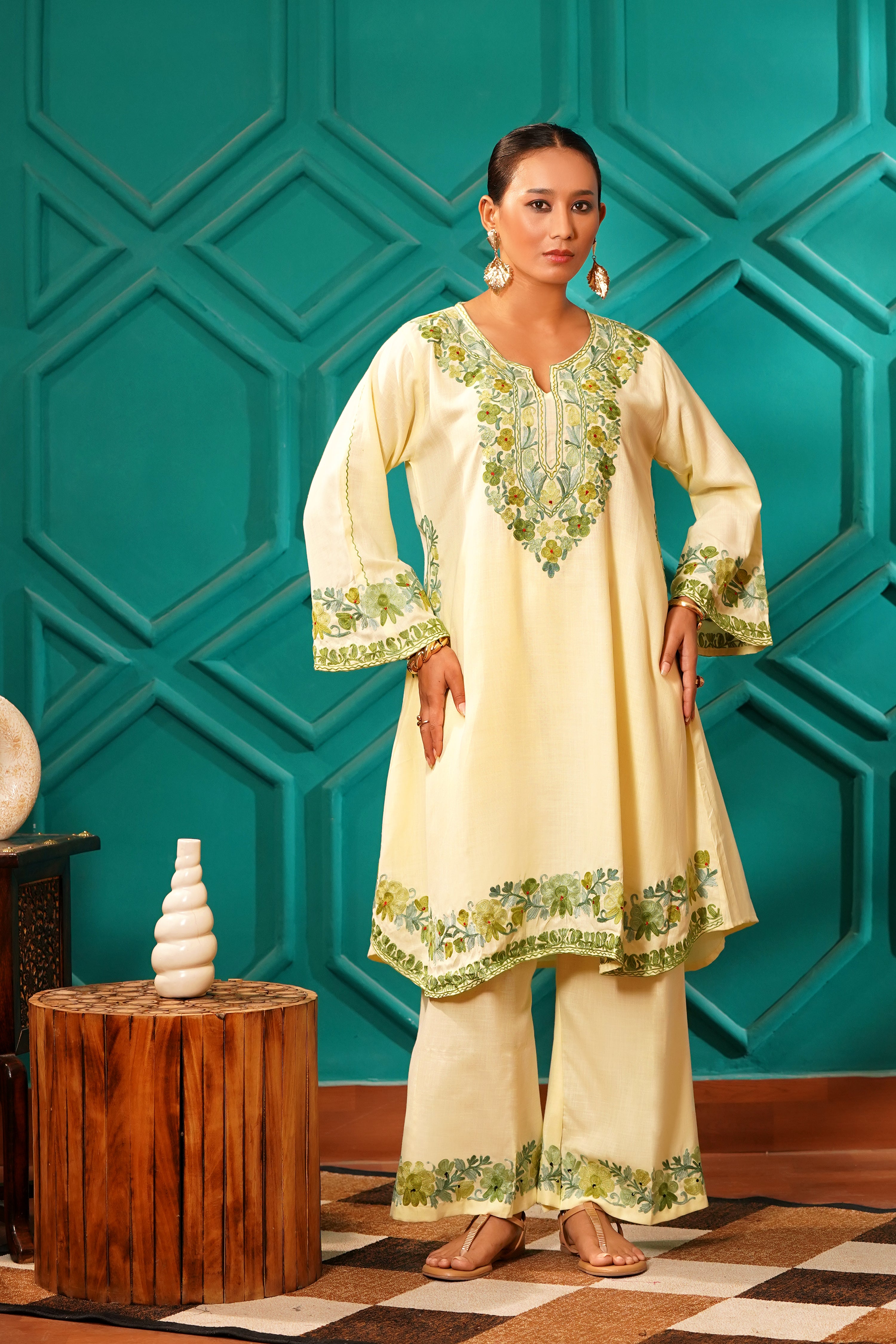 Kashmiri Bouquet Malai Cotton Tunic & Pant Set - Buttercream Mist