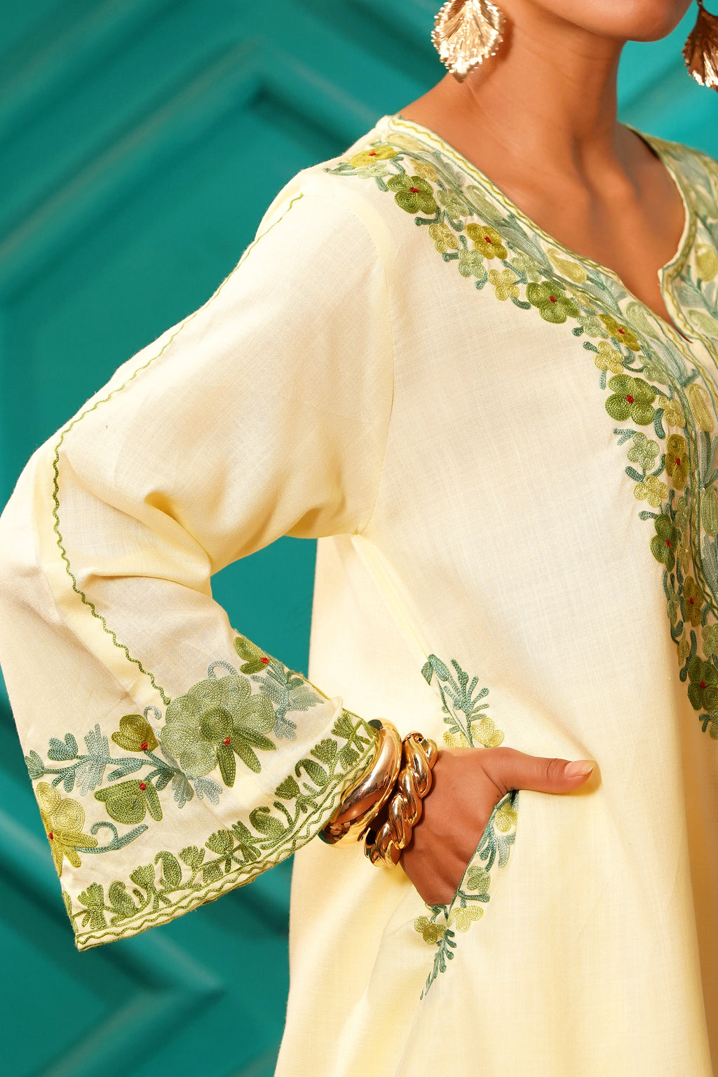 Kashmiri Bouquet Malai Cotton Tunic & Pant Set - Buttercream Mist