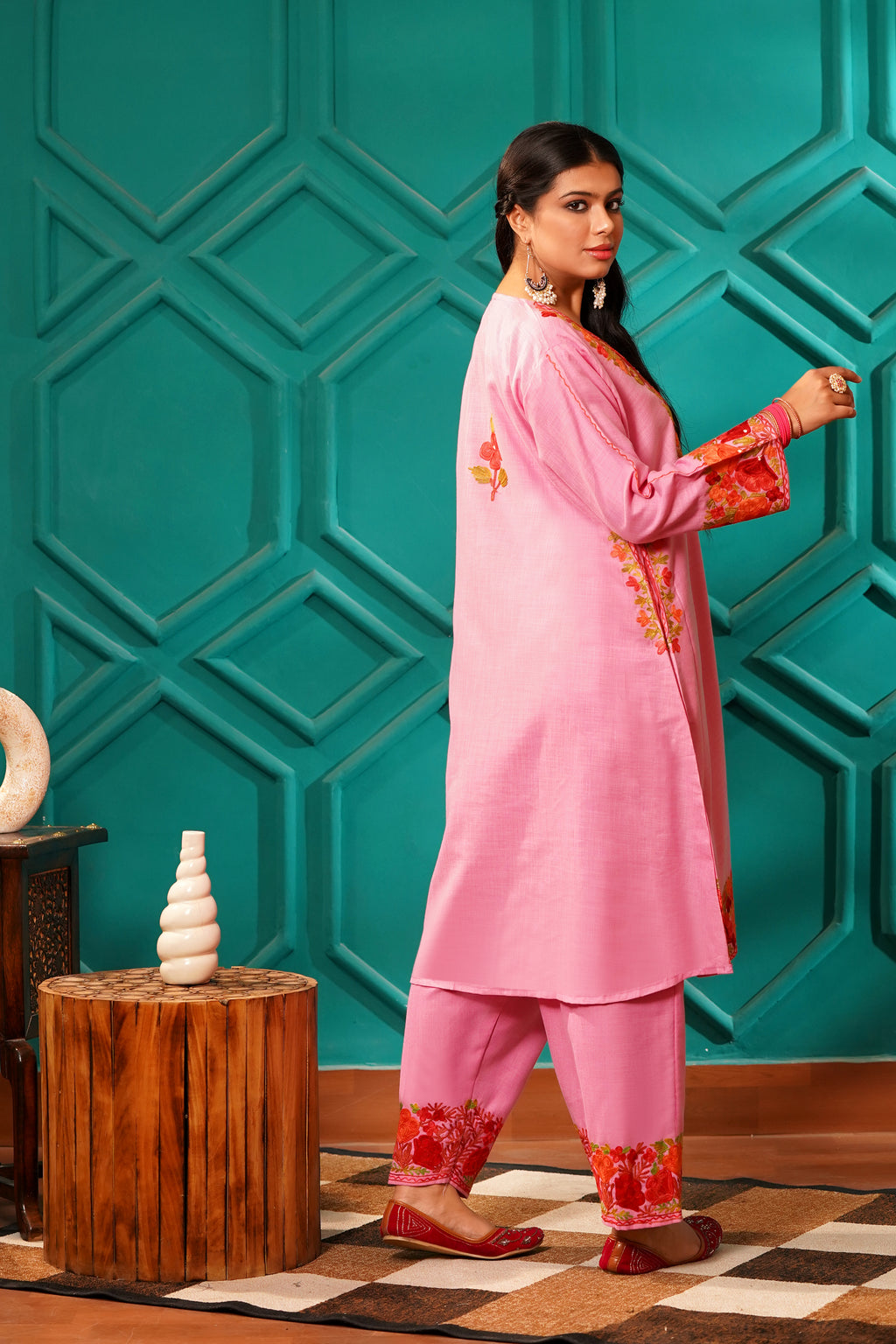Kashmiri Bouquet Malai Cotton Tunic & Pant Set - Orchid Bloom