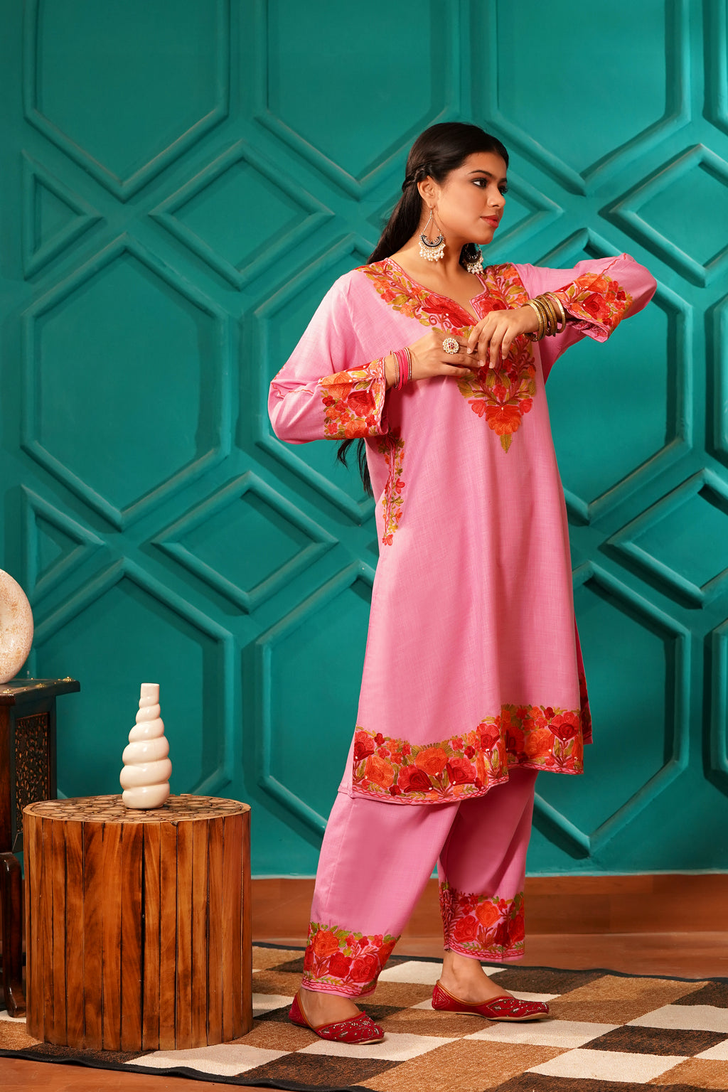 Kashmiri Bouquet Malai Cotton Tunic & Pant Set - Orchid Bloom