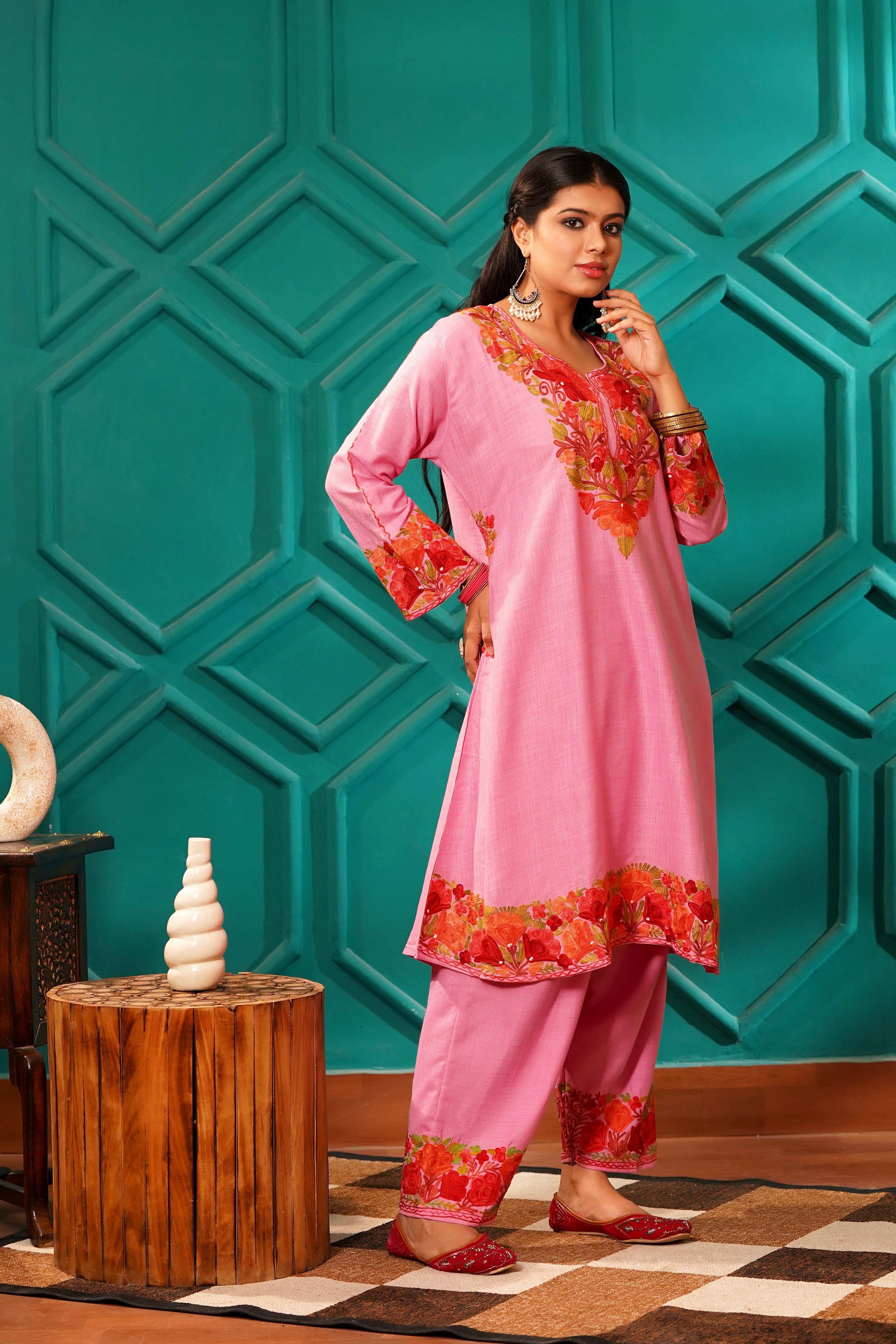 Kashmiri Bouquet Malai Cotton Tunic & Pant Set - Orchid Bloom