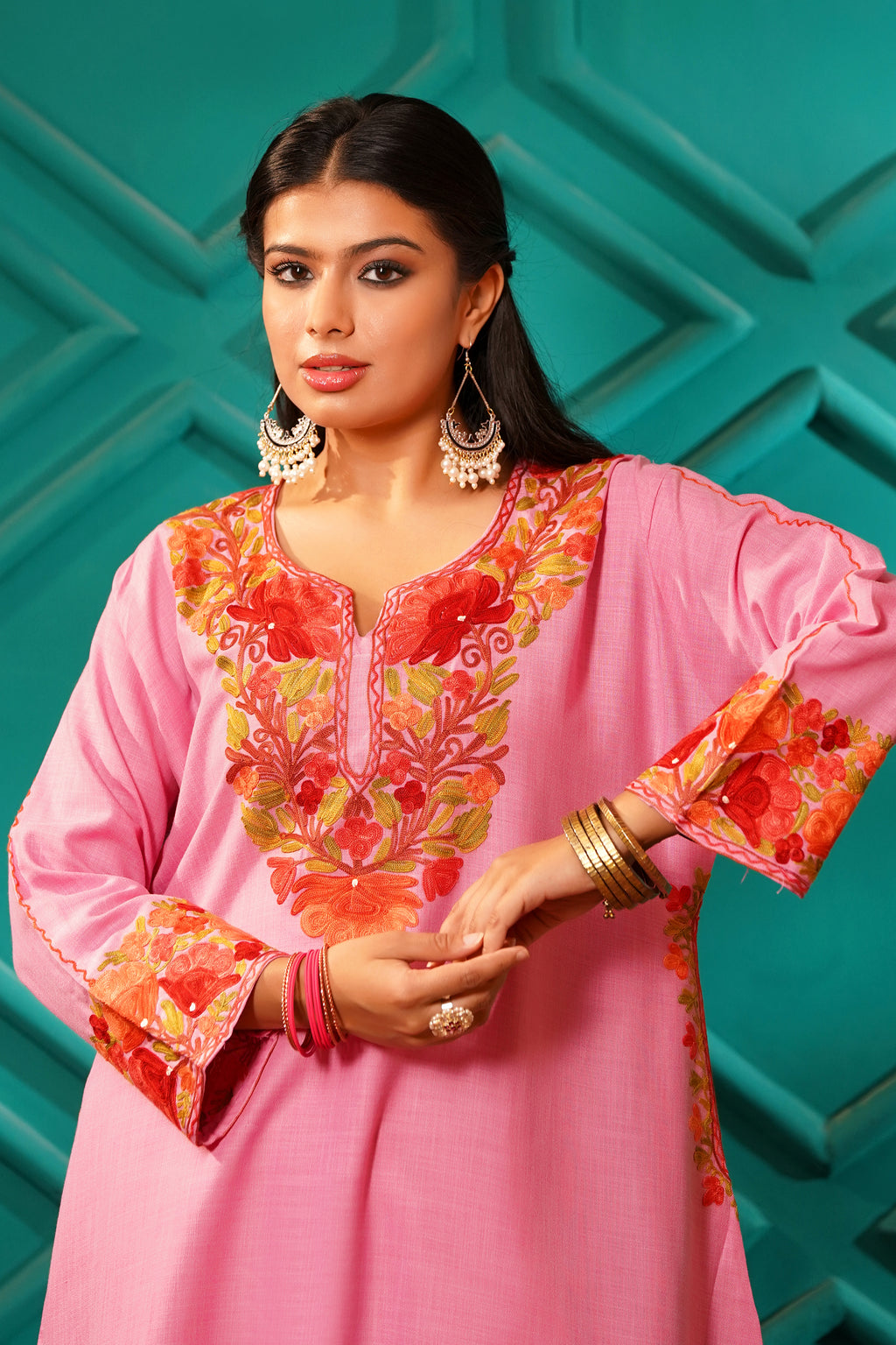 Kashmiri Bouquet Malai Cotton Tunic & Pant Set - Orchid Bloom