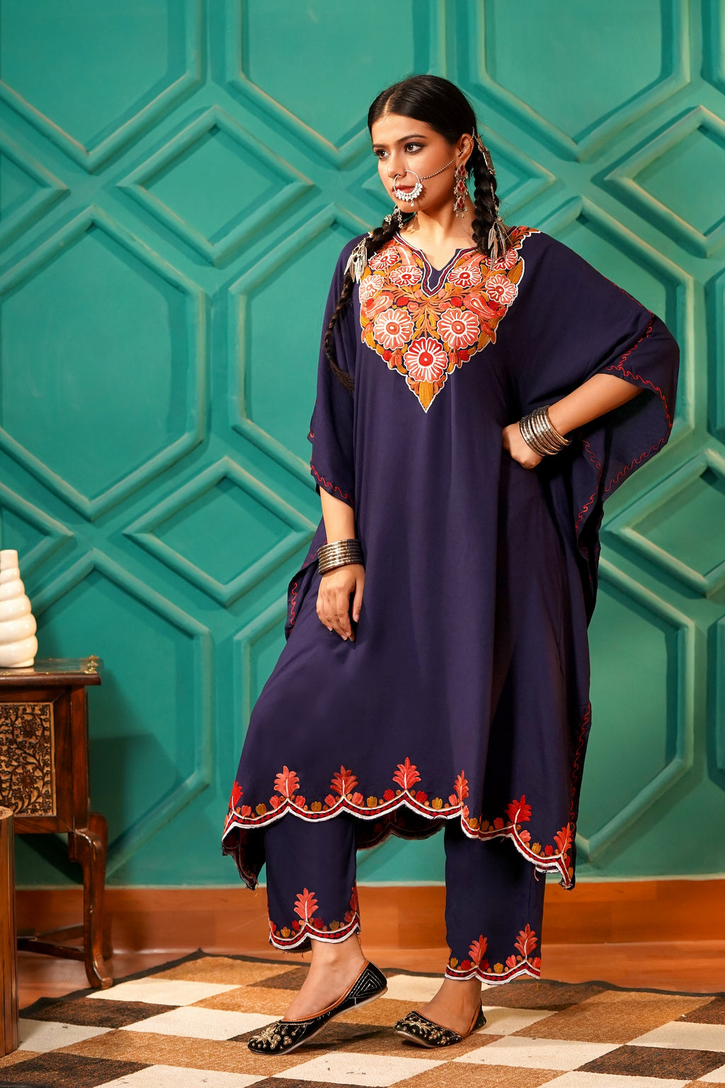 Elegant & Descriptive- Kashmiri Kaftan 2pc set - 100% Rayon Aari work - Majestic Ink