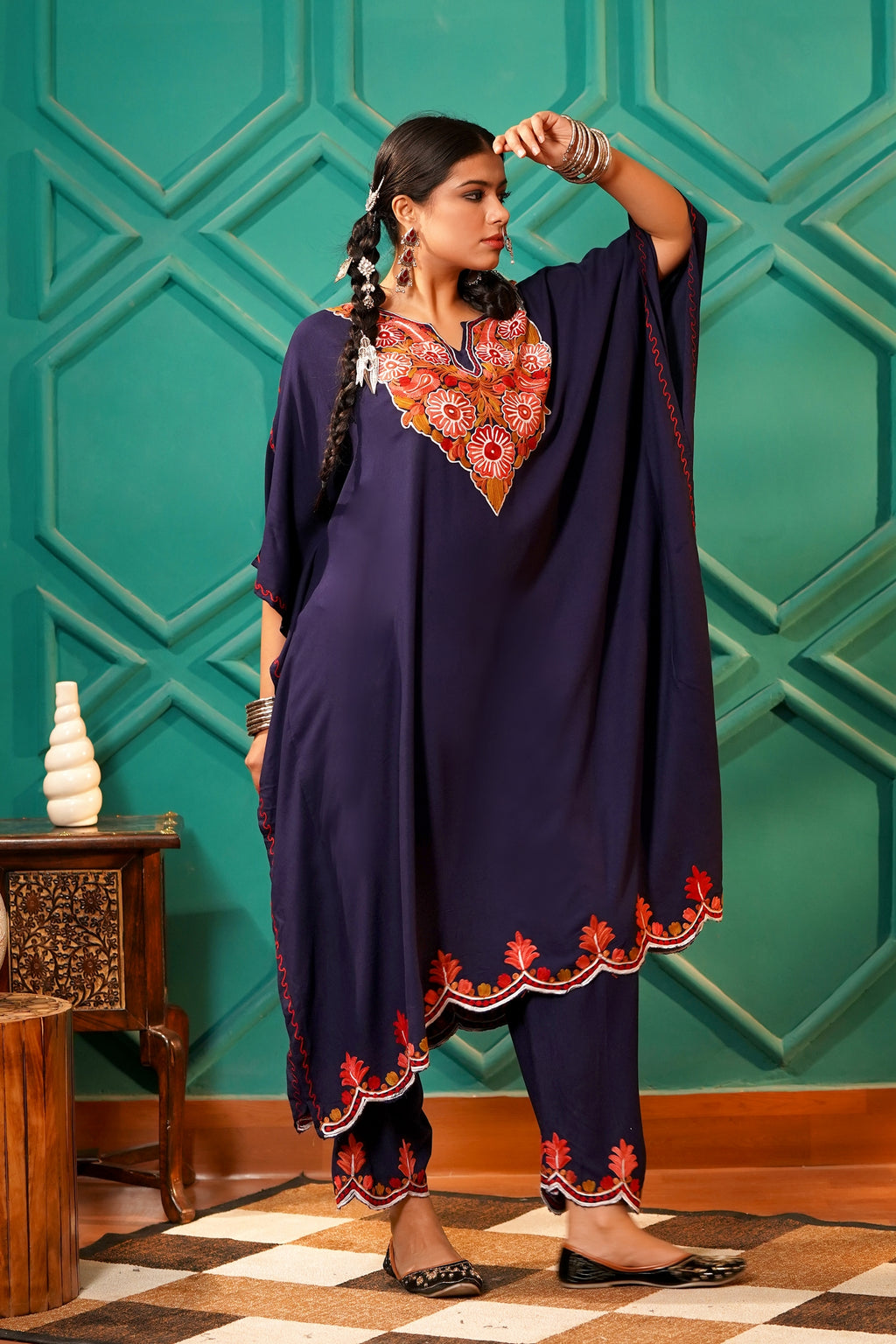 Elegant & Descriptive- Kashmiri Kaftan 2pc set - 100% Rayon Aari work - Majestic Ink