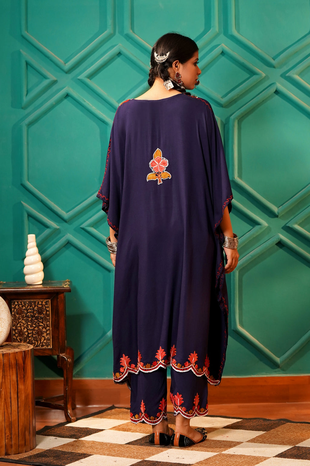 Elegant & Descriptive- Kashmiri Kaftan 2pc set - 100% Rayon Aari work - Majestic Ink