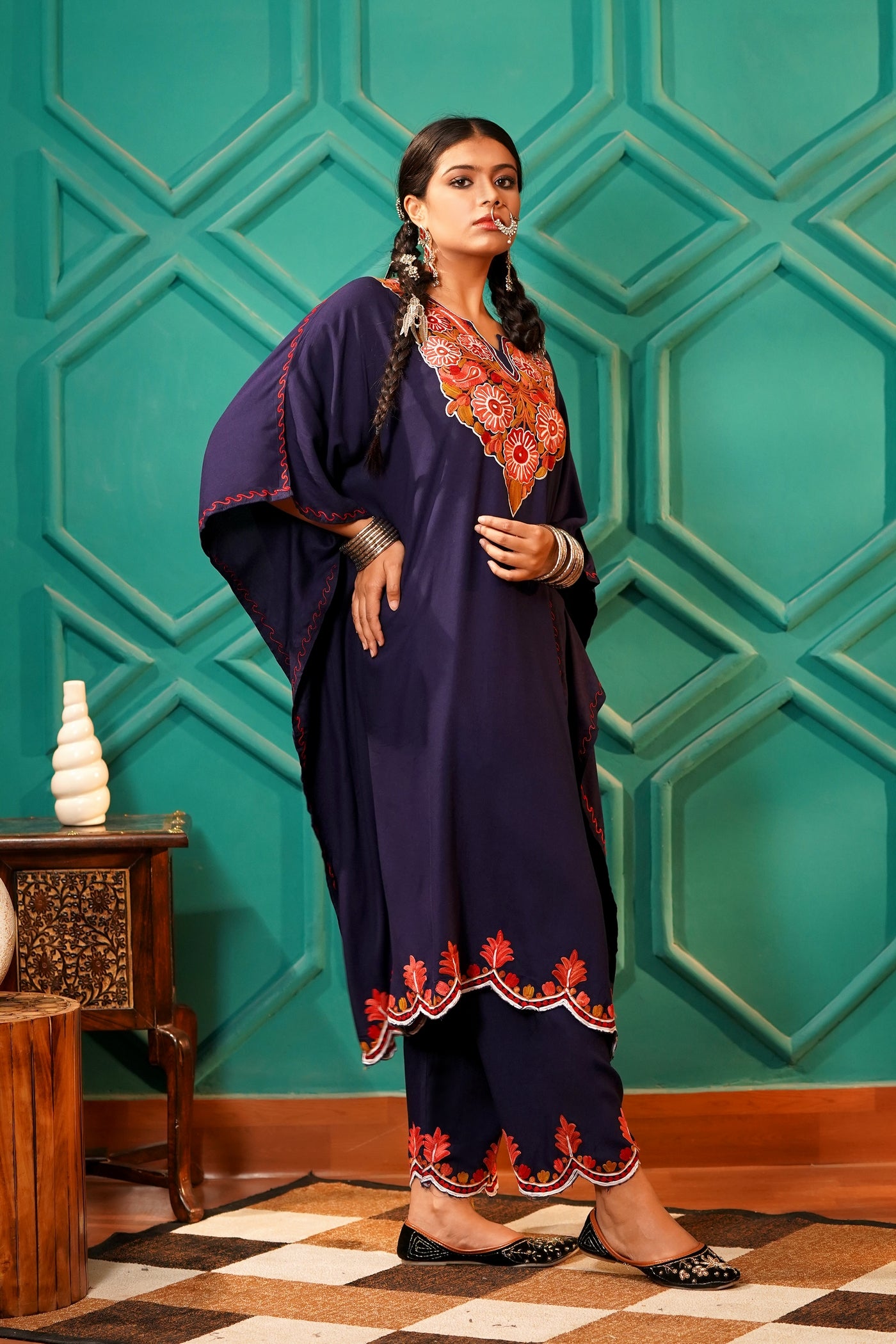 Elegant & Descriptive- Kashmiri Kaftan 2pc set - 100% Rayon Aari work - Majestic Ink