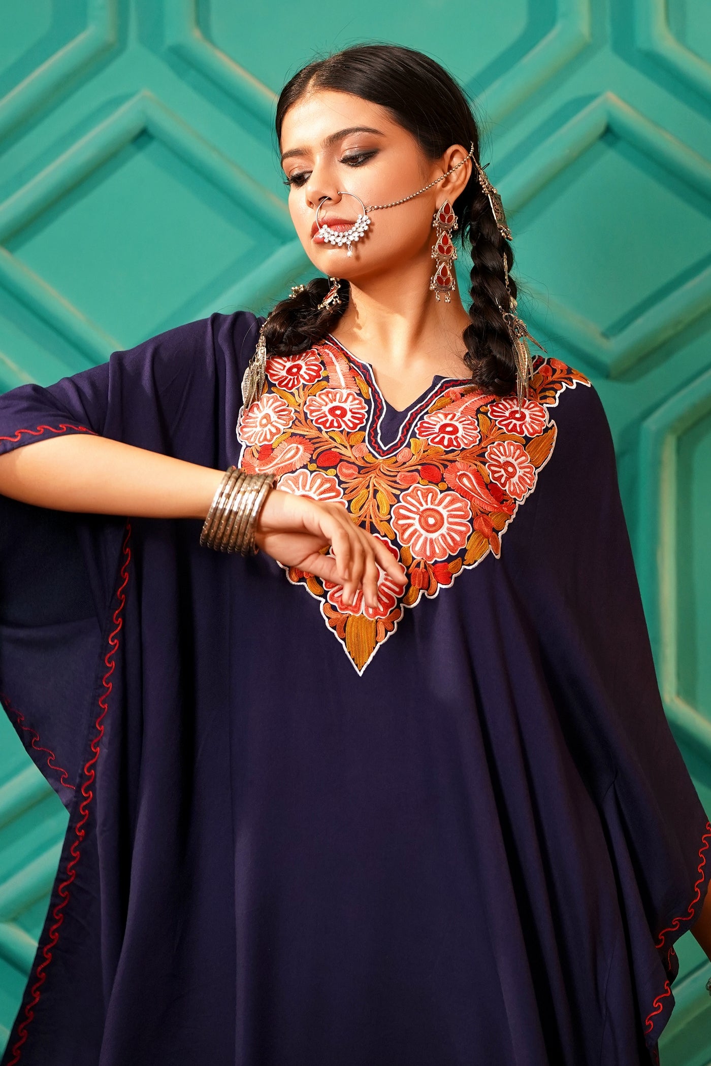 Elegant & Descriptive- Kashmiri Kaftan 2pc set - 100% Rayon Aari work - Majestic Ink